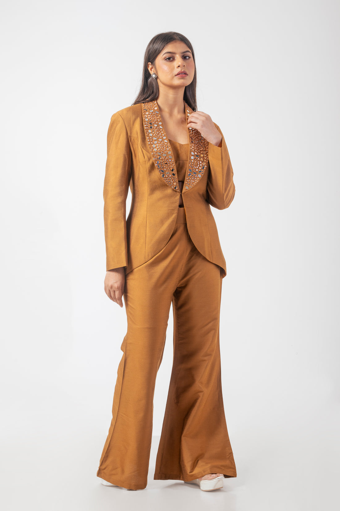 Rust Gold Pure Katan Silk Blazer Trouser Co-ord Set with Mirror Work