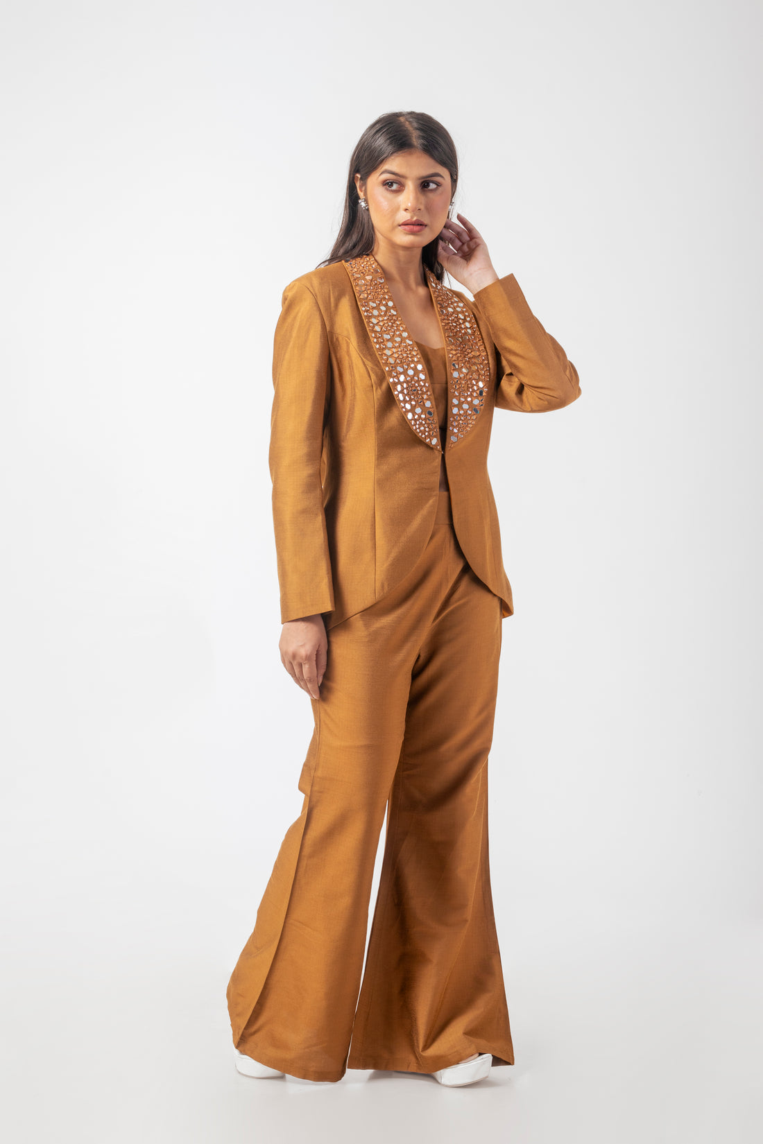 Rust Gold Pure Katan Silk Blazer Trouser Co-ord Set with Mirror Work