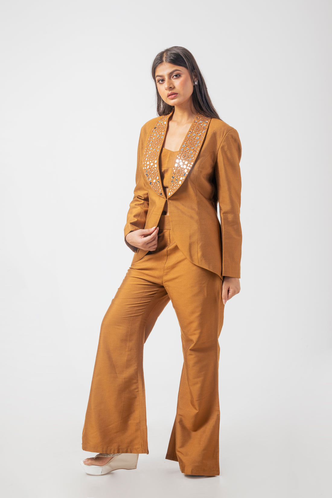 Rust Gold Pure Katan Silk Blazer Trouser Co-ord Set with Mirror Work