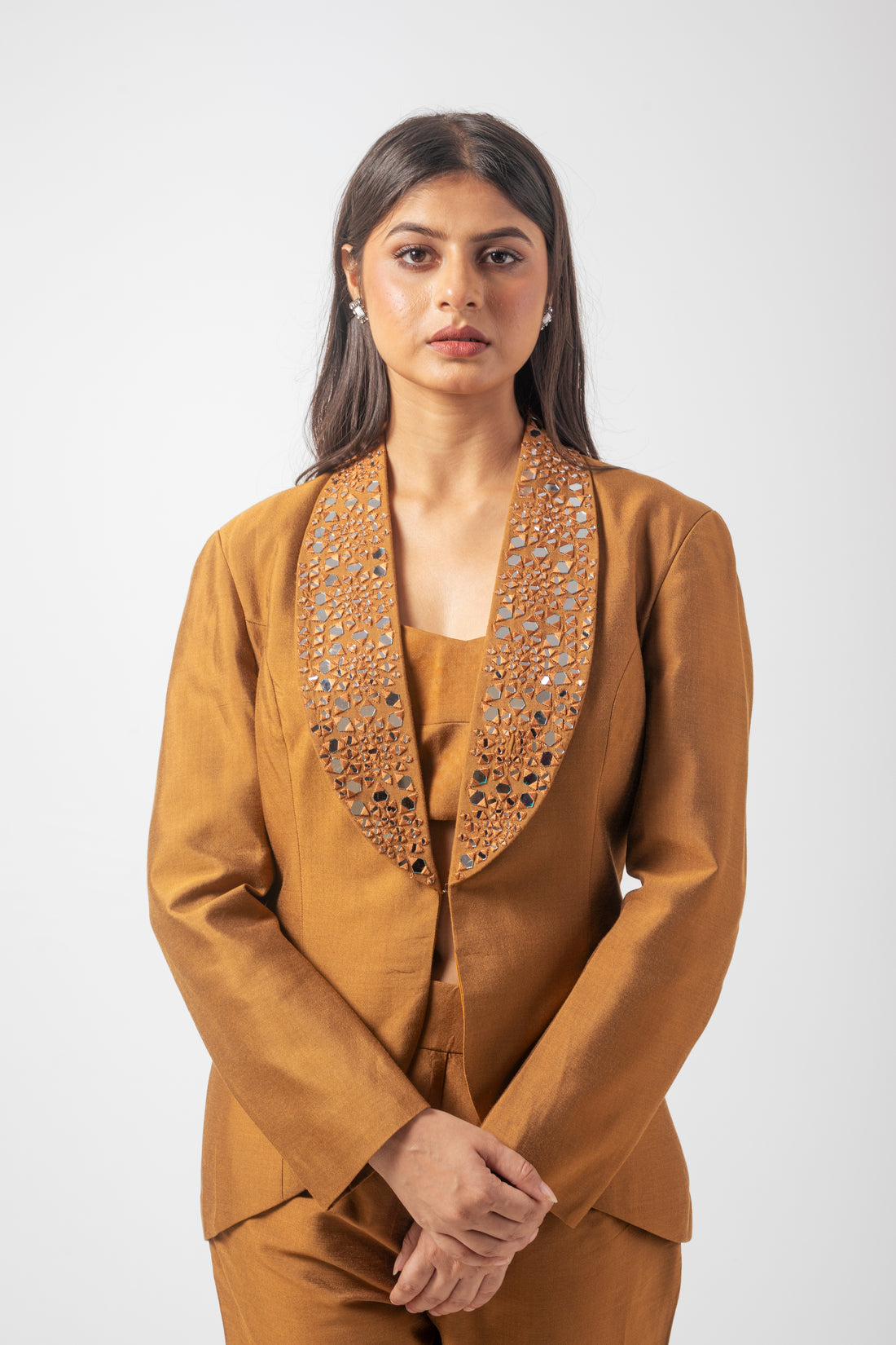 Rust Gold Pure Katan Silk Blazer Trouser Co-ord Set with Mirror Work