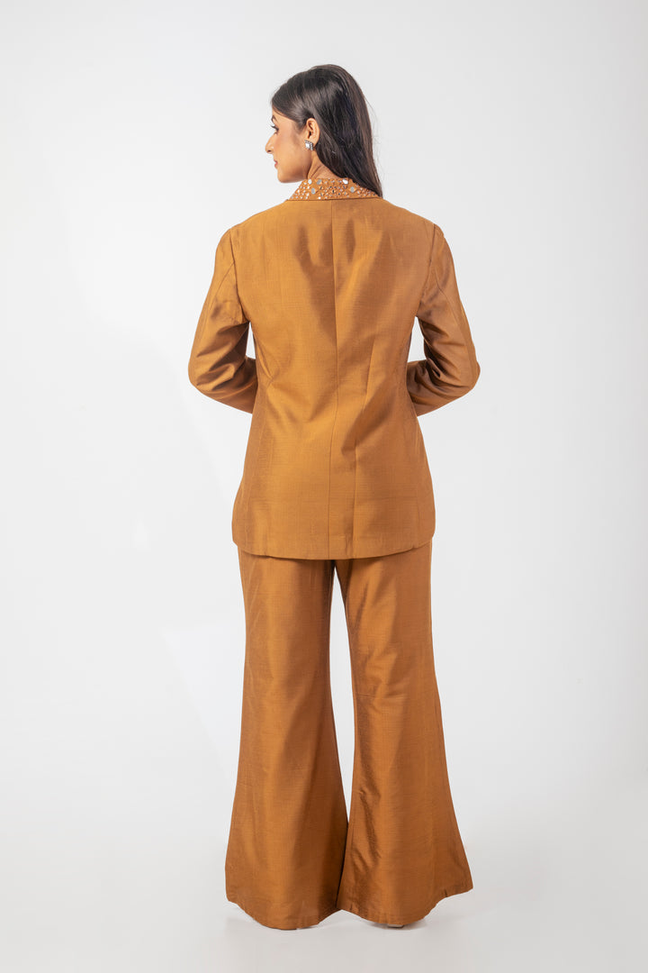 Rust Gold Pure Katan Silk Blazer Trouser Co-ord Set with Mirror Work