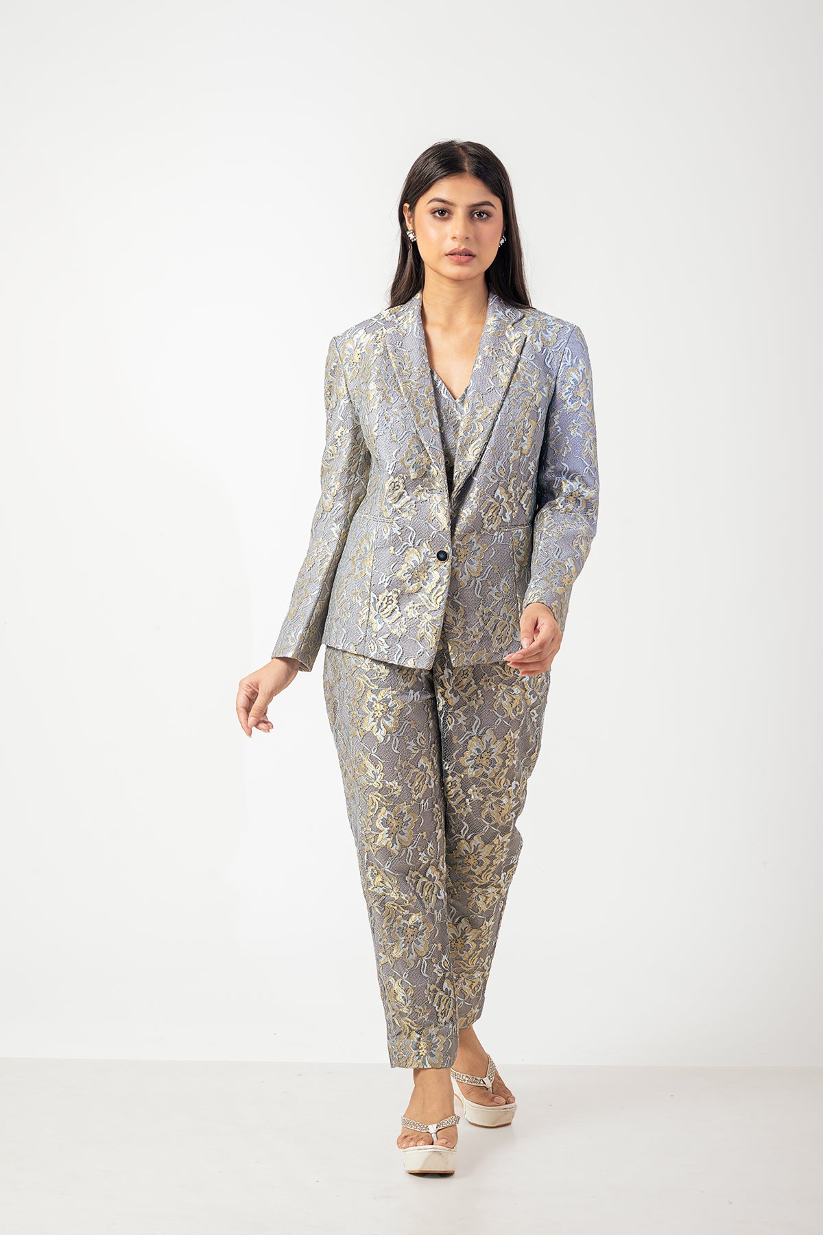 Grey Net Blazer Co-ord Set with Floral Work