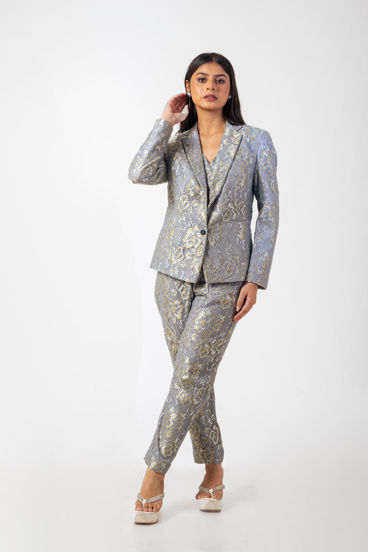 Grey Shantley Net Blazer Co-ord Set with Floral Work