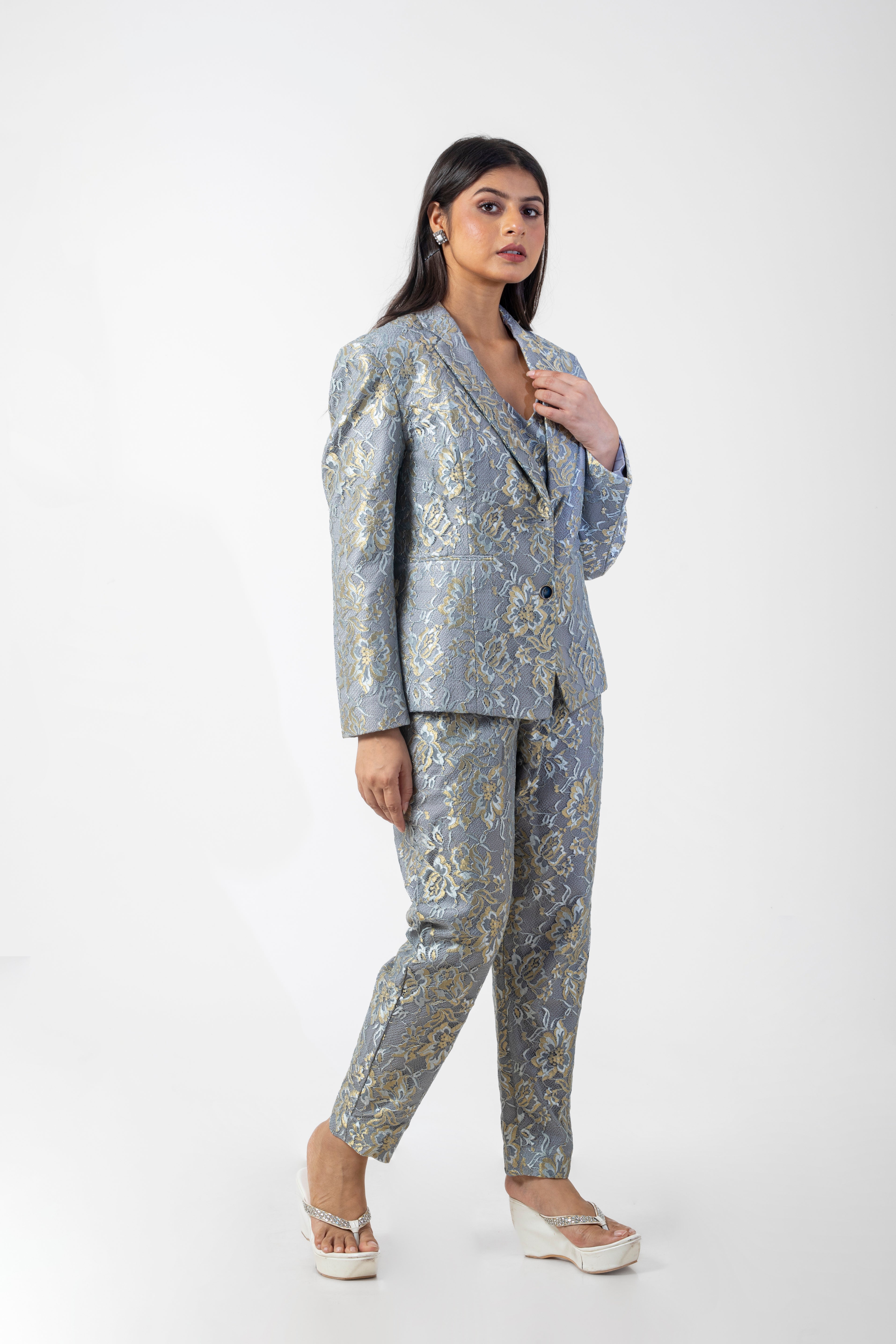 Grey Shantley Net Blazer Co-ord Set with Floral Work