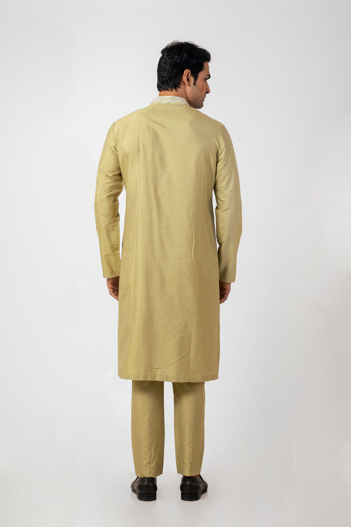 Mint Green Katan Silk Mens Ethnic Kurta Set with Dori Work