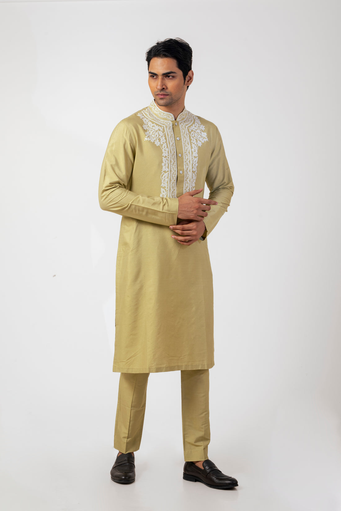 Mint Green Katan Silk Mens Ethnic Kurta Set with Dori Work