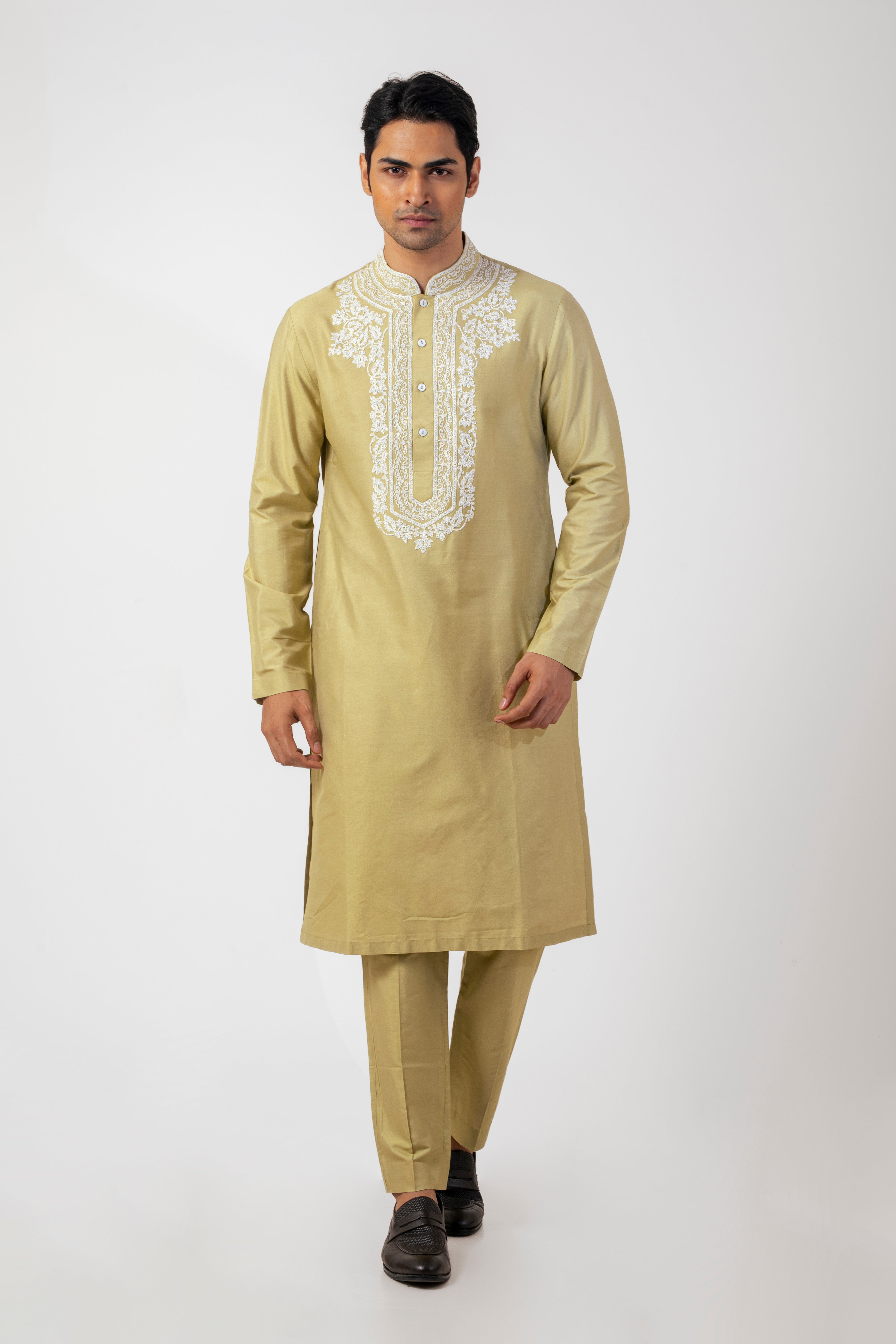 Mint Green Katan Silk Mens Ethnic Kurta Set with Dori Work