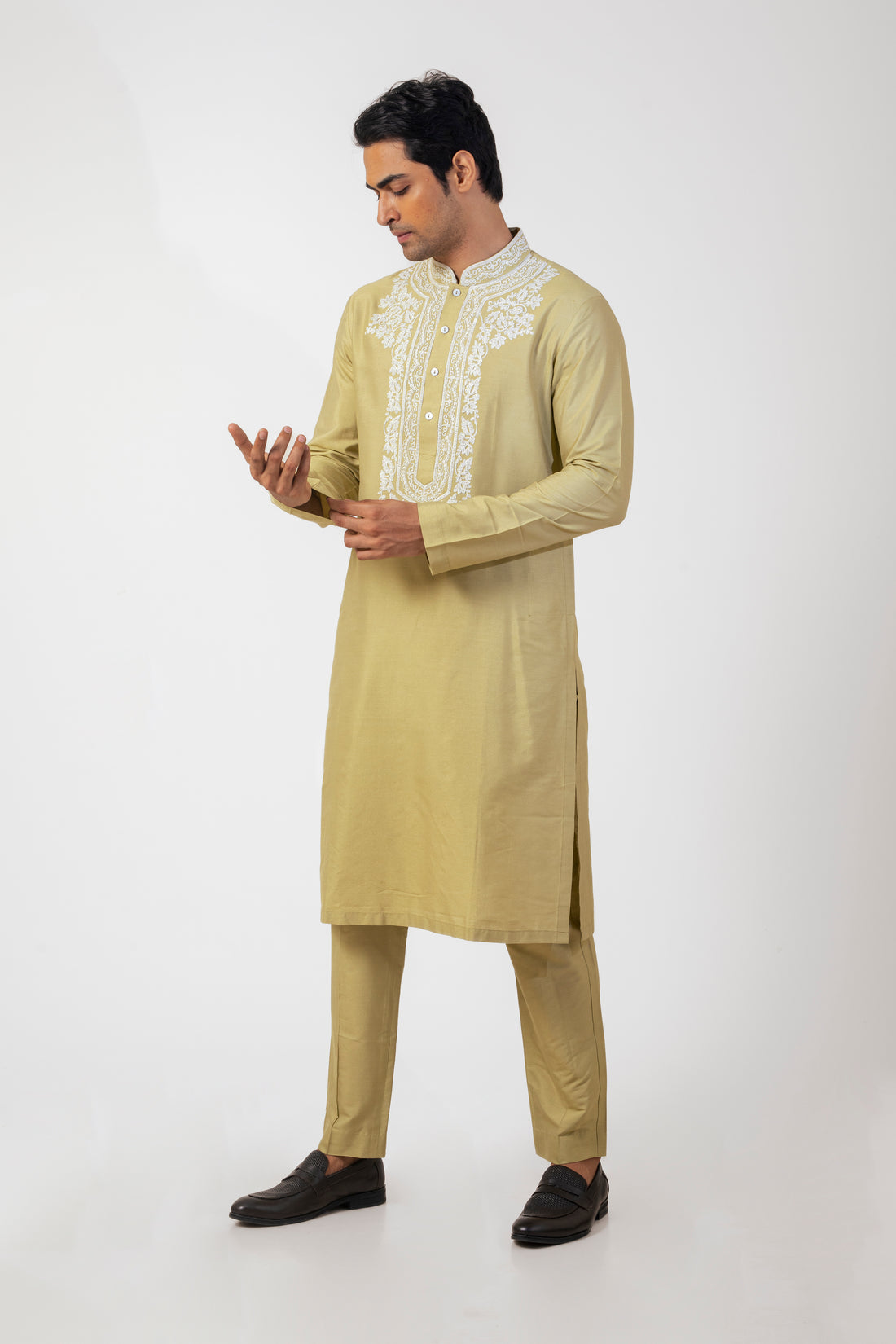 Mint Green Katan Silk Mens Ethnic Kurta Set with Dori Work