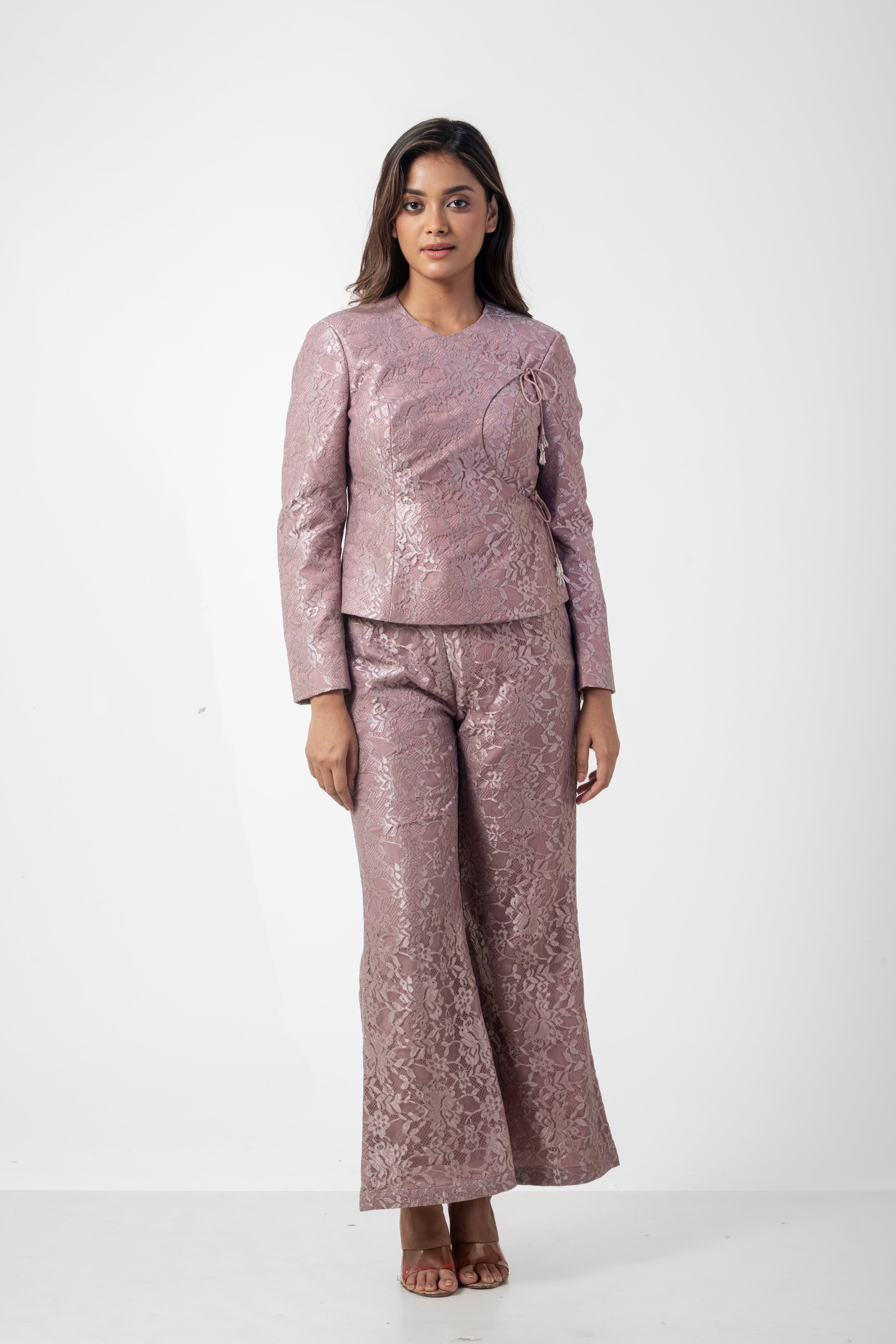 Mauve Floral High Neck Angrakha Co-ord Set