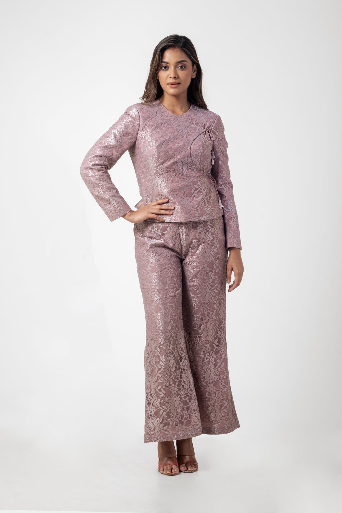 Mauve Floral High Neck Angrakha Co-ord Set