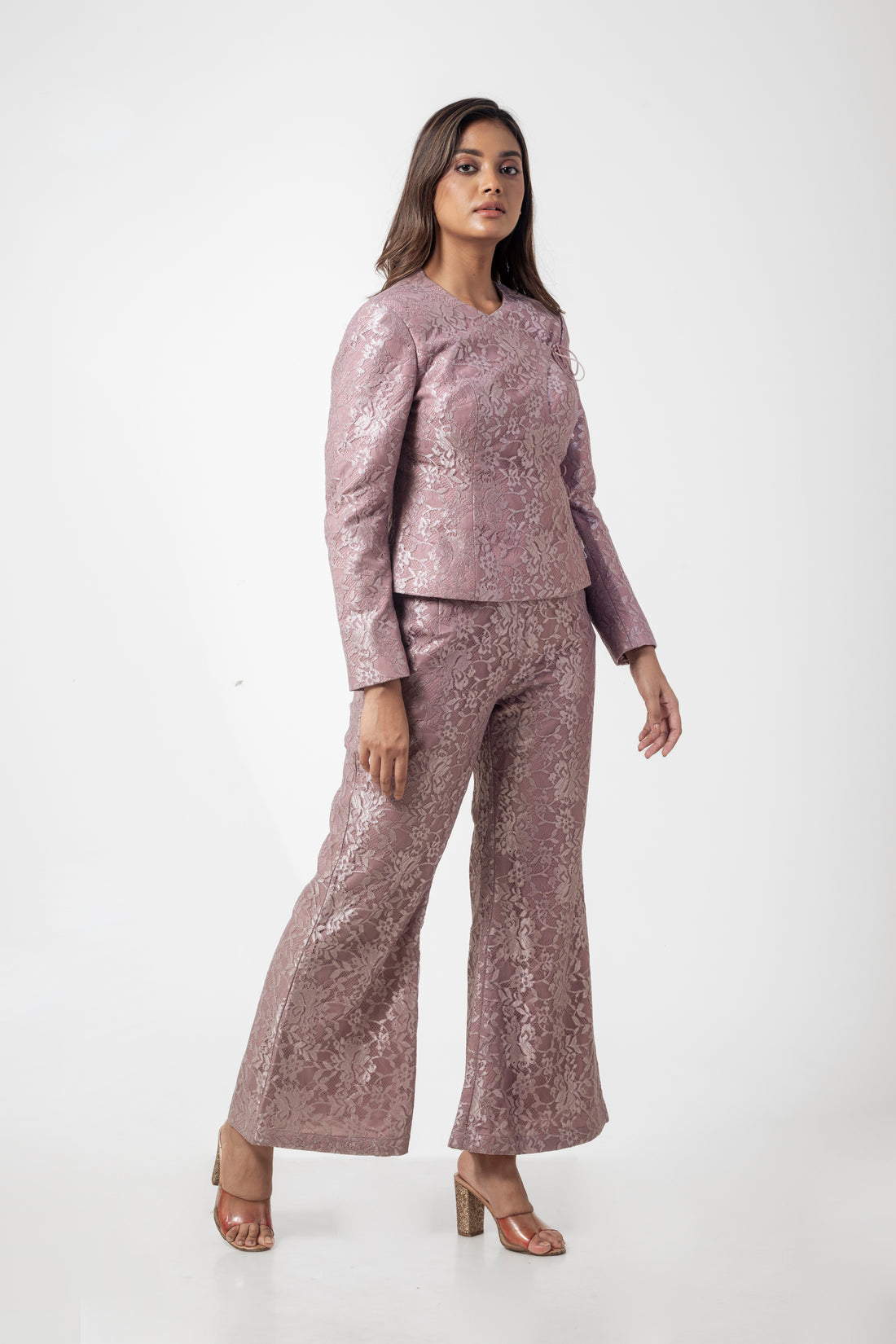 Mauve Floral High Neck Angrakha Co-ord Set