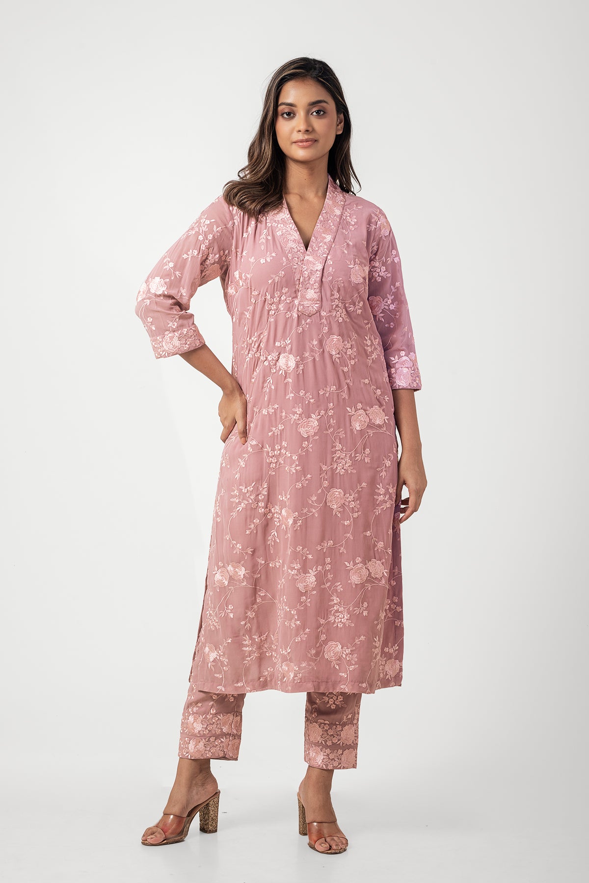 Stylish Mauve Viscose Embroidered Kurta and Pant Set