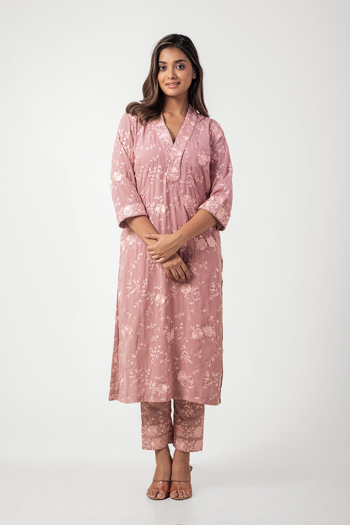 Stylish Mauve Viscose Embroidered Kurta and Pant Set