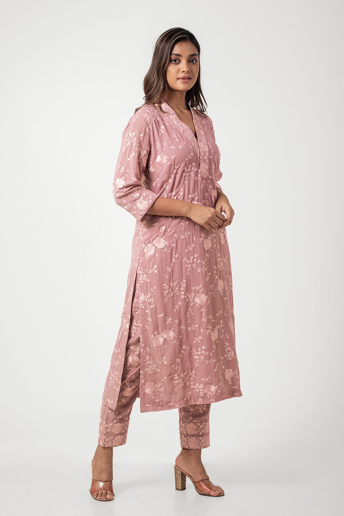 Stylish Mauve Viscose Embroidered Kurta and Pant Set