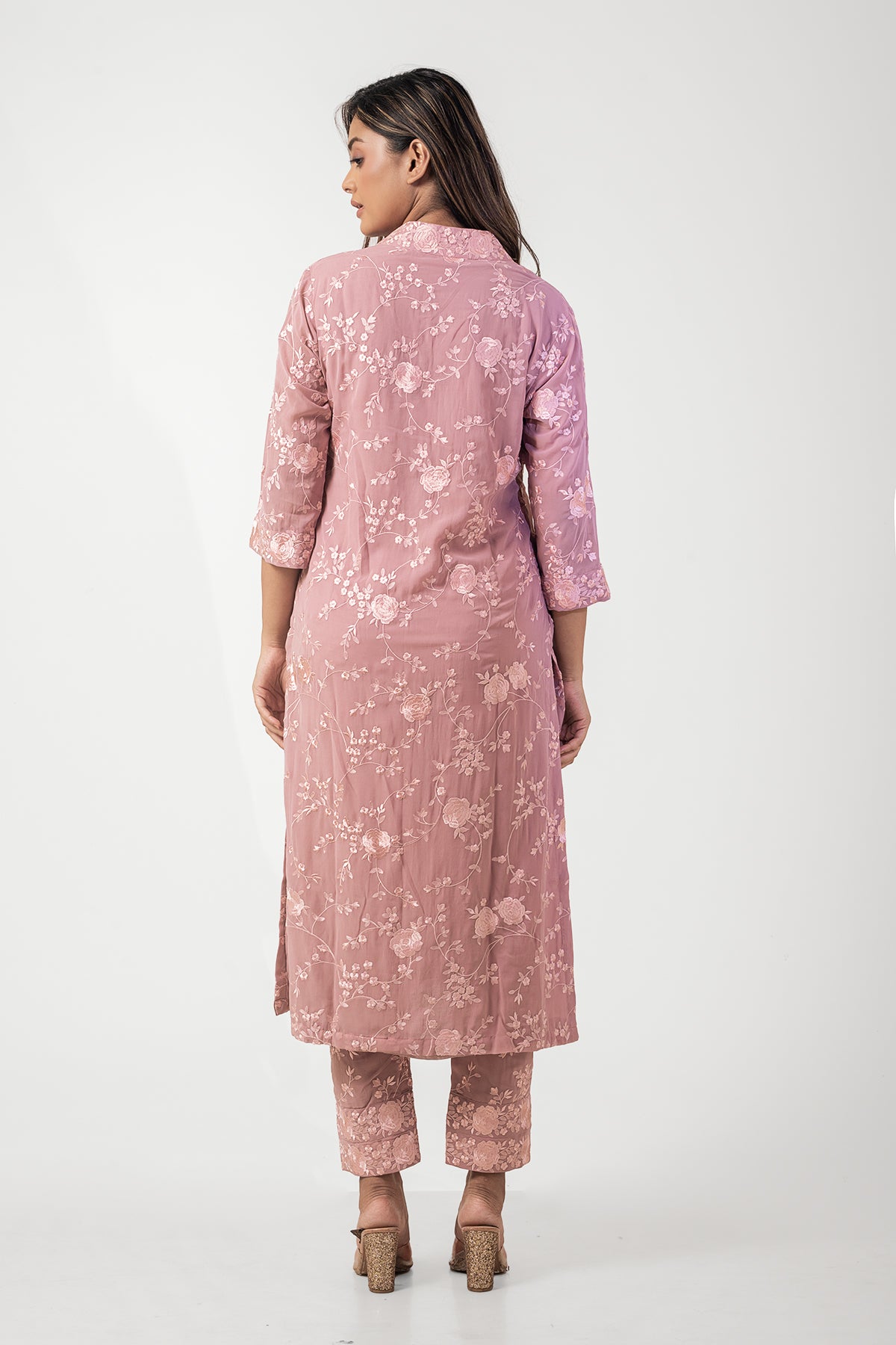 Stylish Mauve Viscose Embroidered Kurta and Pant Set