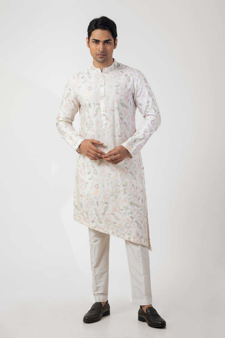 Off White Asymmetric Kurta Set with Resham Embroidery Work