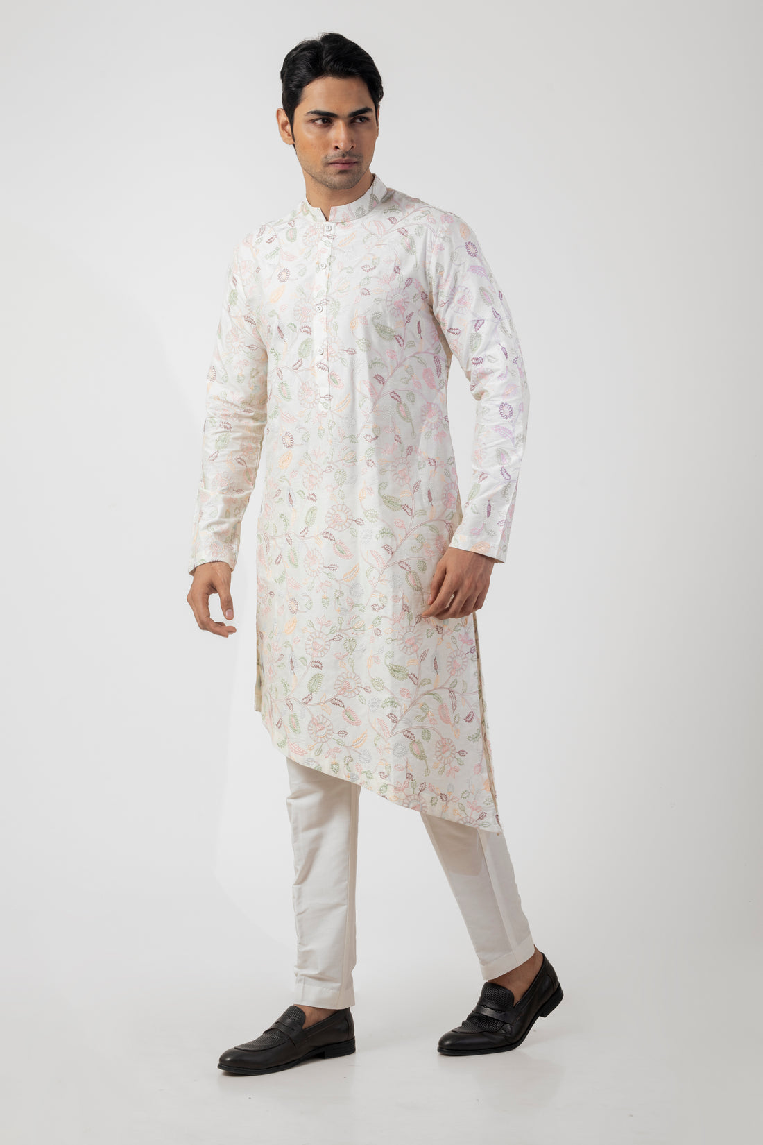 Off White Asymmetric Kurta Set with Resham Embroidery Work