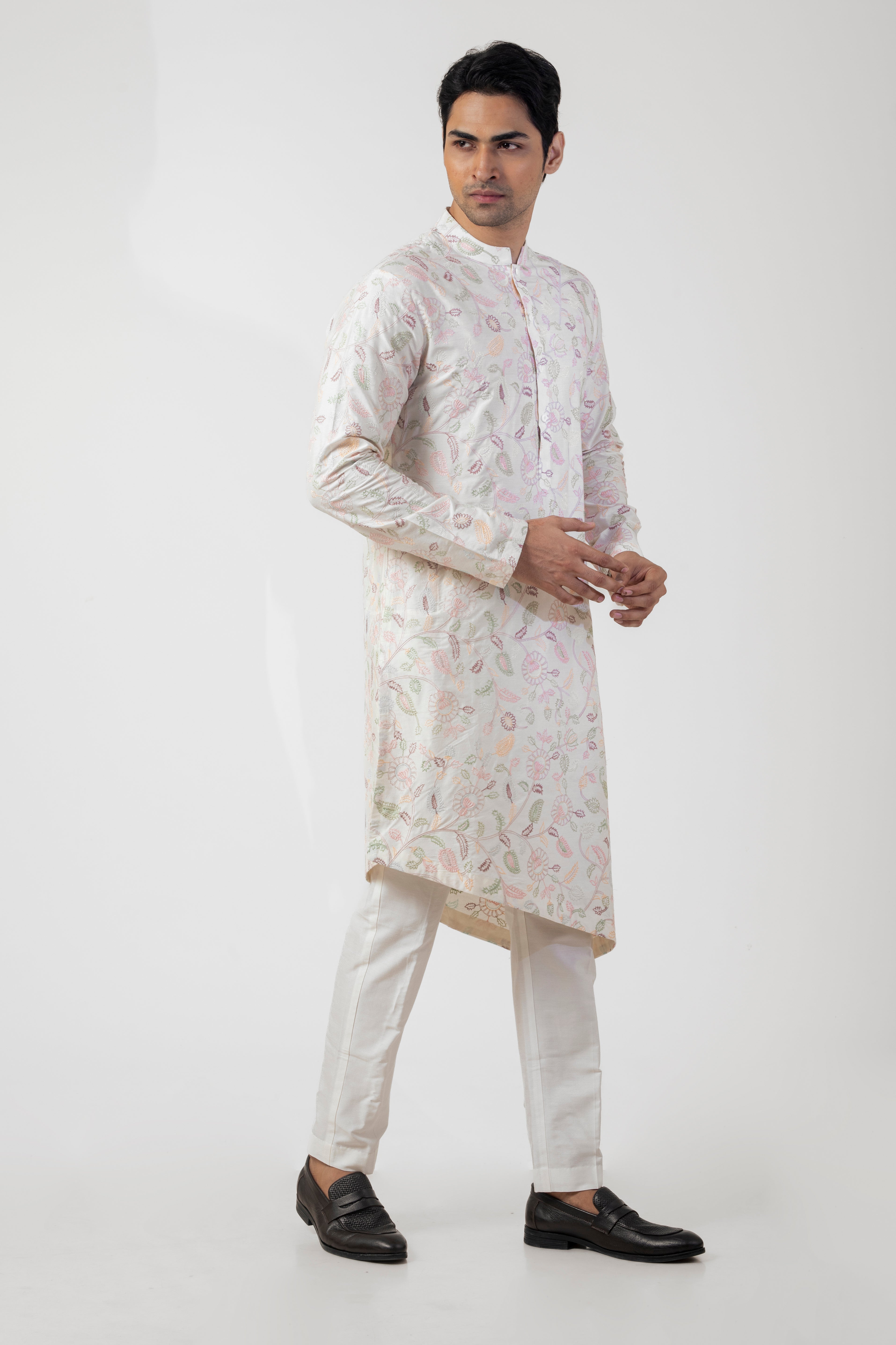 Off White Asymmetric Kurta Set with Resham Embroidery Work