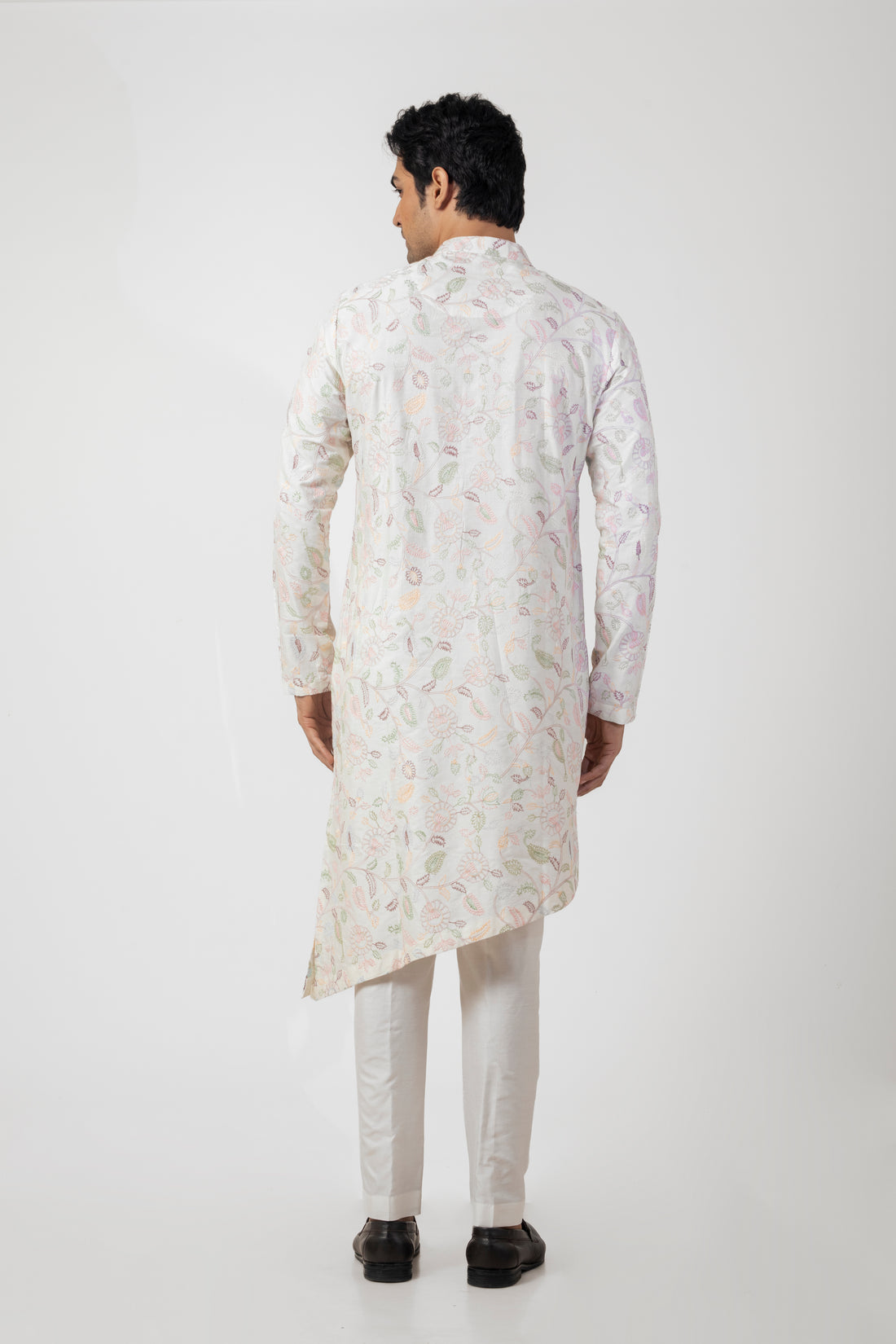 Off White Asymmetric Kurta Set with Resham Embroidery Work