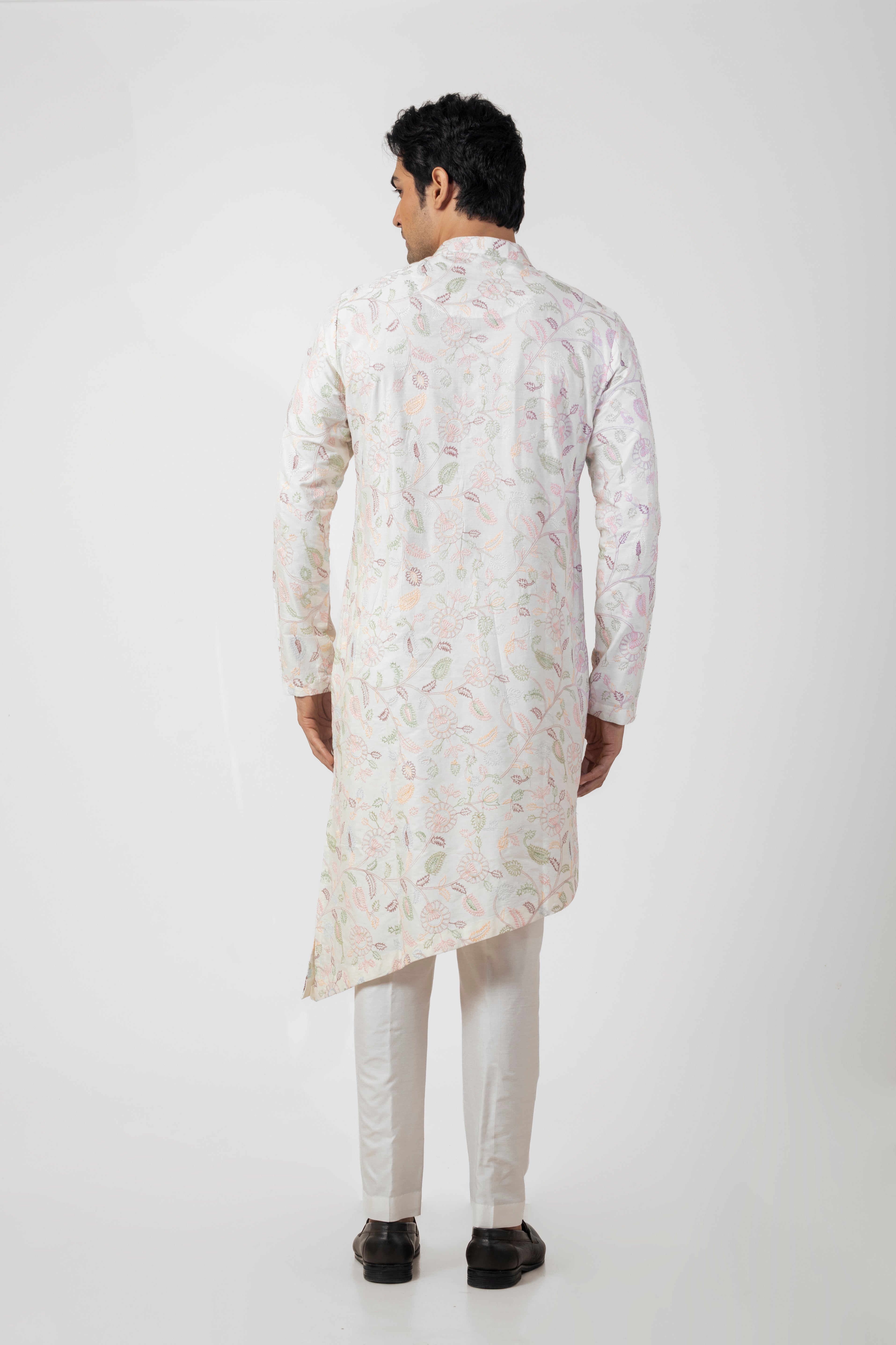 Off White Asymmetric Kurta Set with Resham Embroidery Work