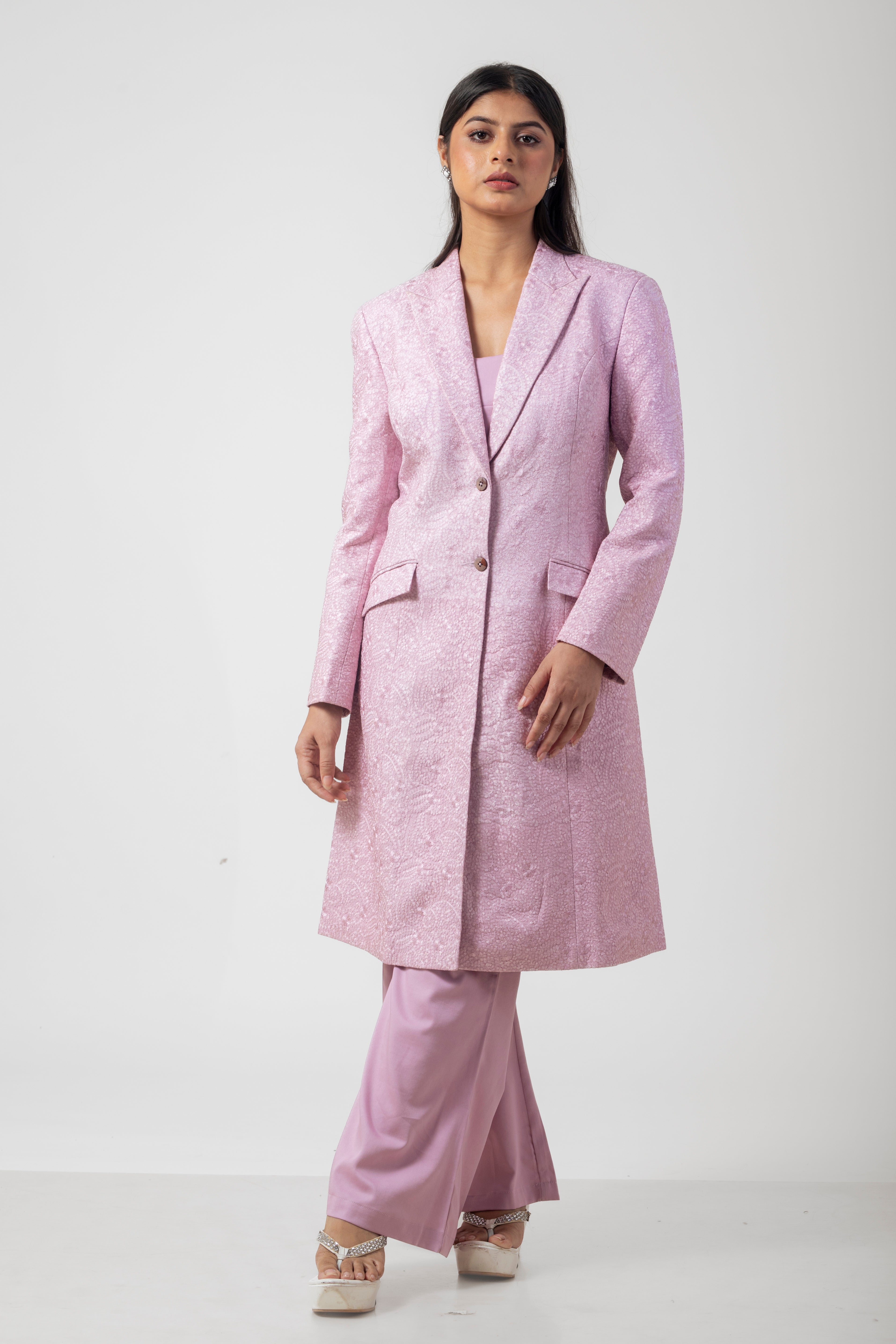 Onion Pink Long Coat Co-ord Set with Parsi Embroidery