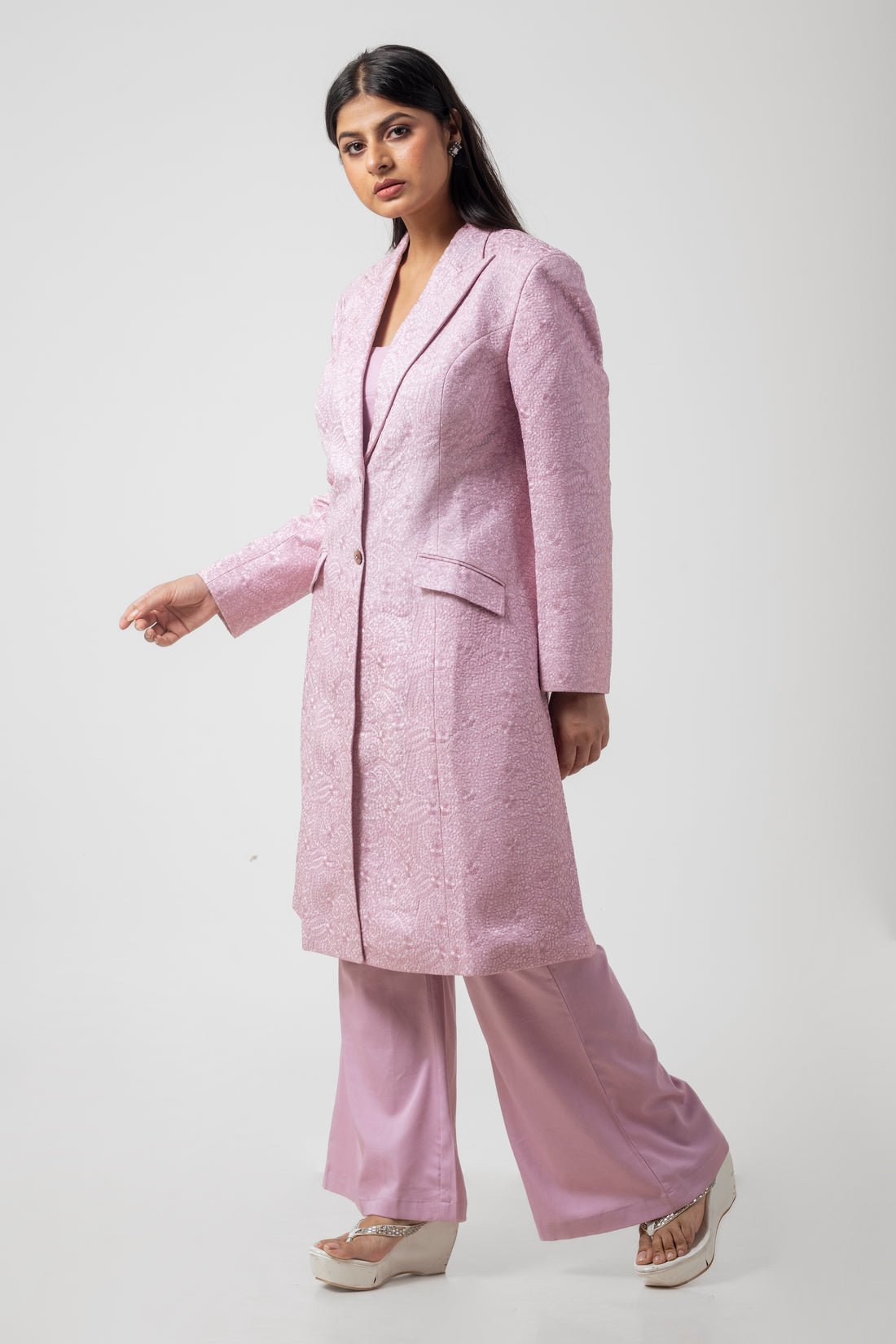 Onion Pink Long Coat Co-ord Set with Parsi Embroidery