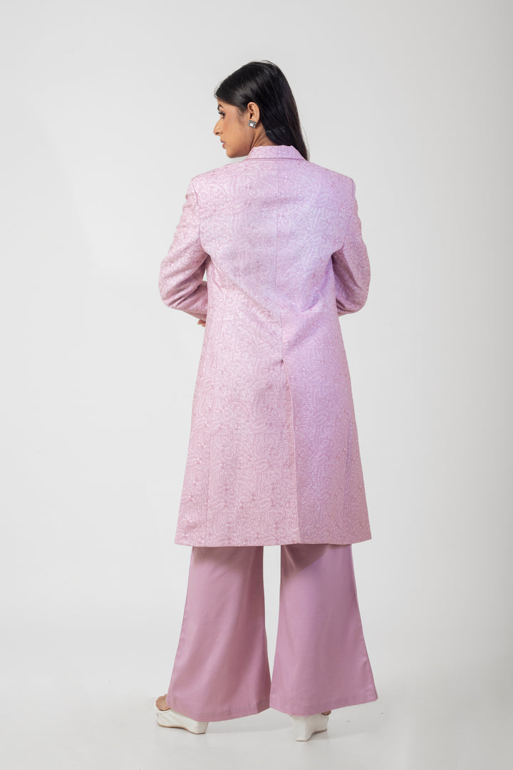 Onion Pink Long Coat Co-ord Set with Parsi Embroidery