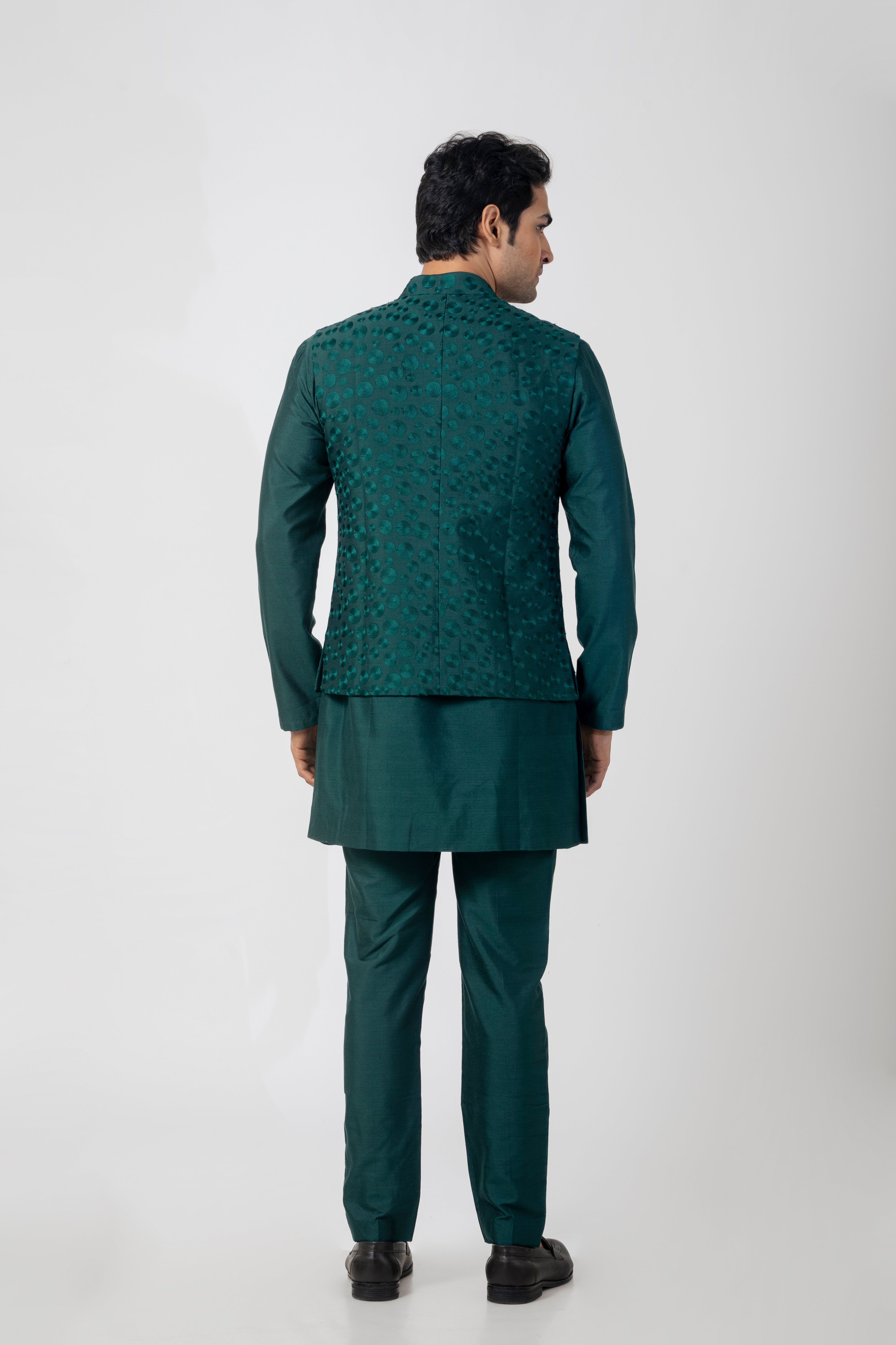 Bottle Green Nehru Jacket Kurta Pajama Set Affifa