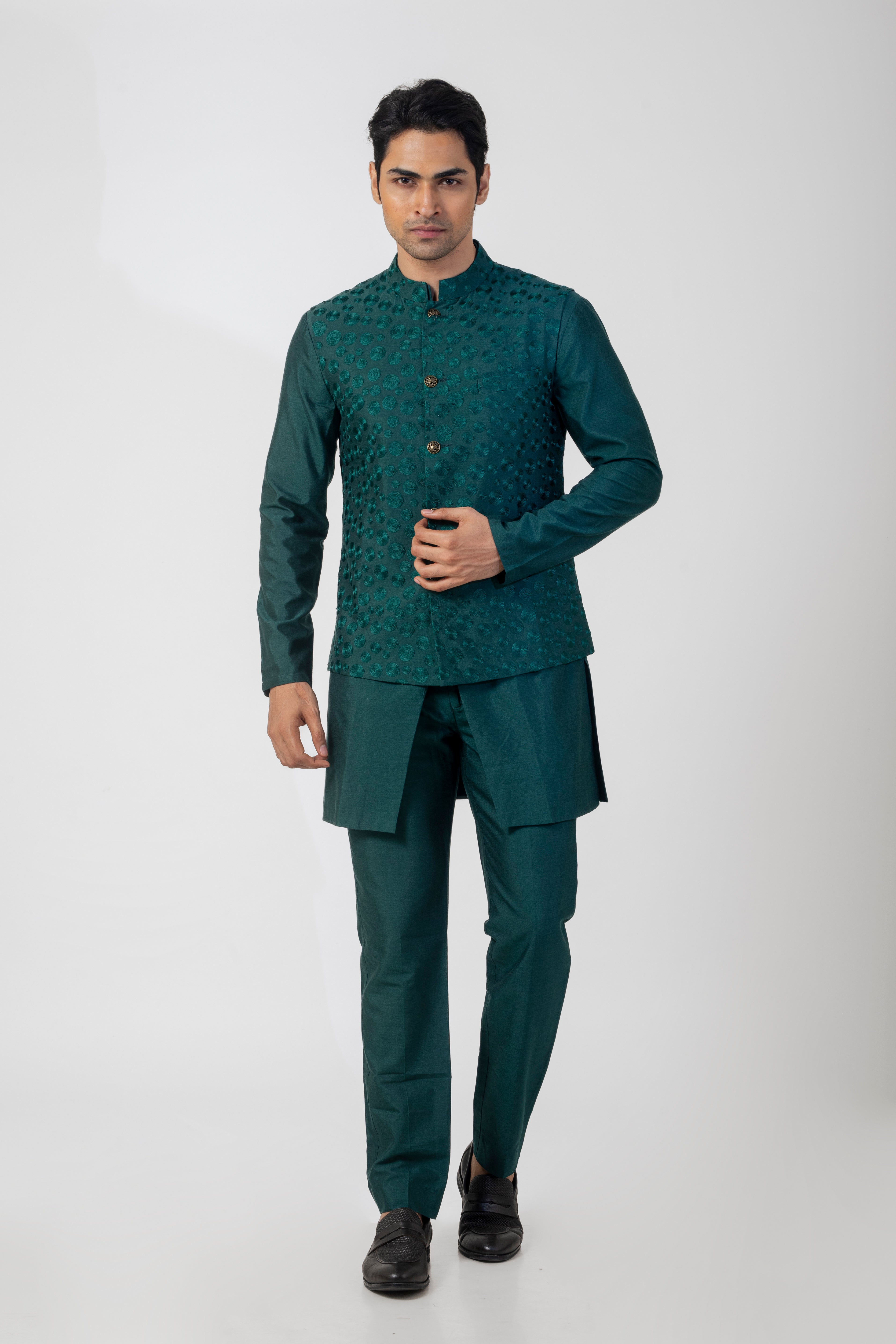 Bottle Green Katan Silk Kurta Set with Nehru Jacket