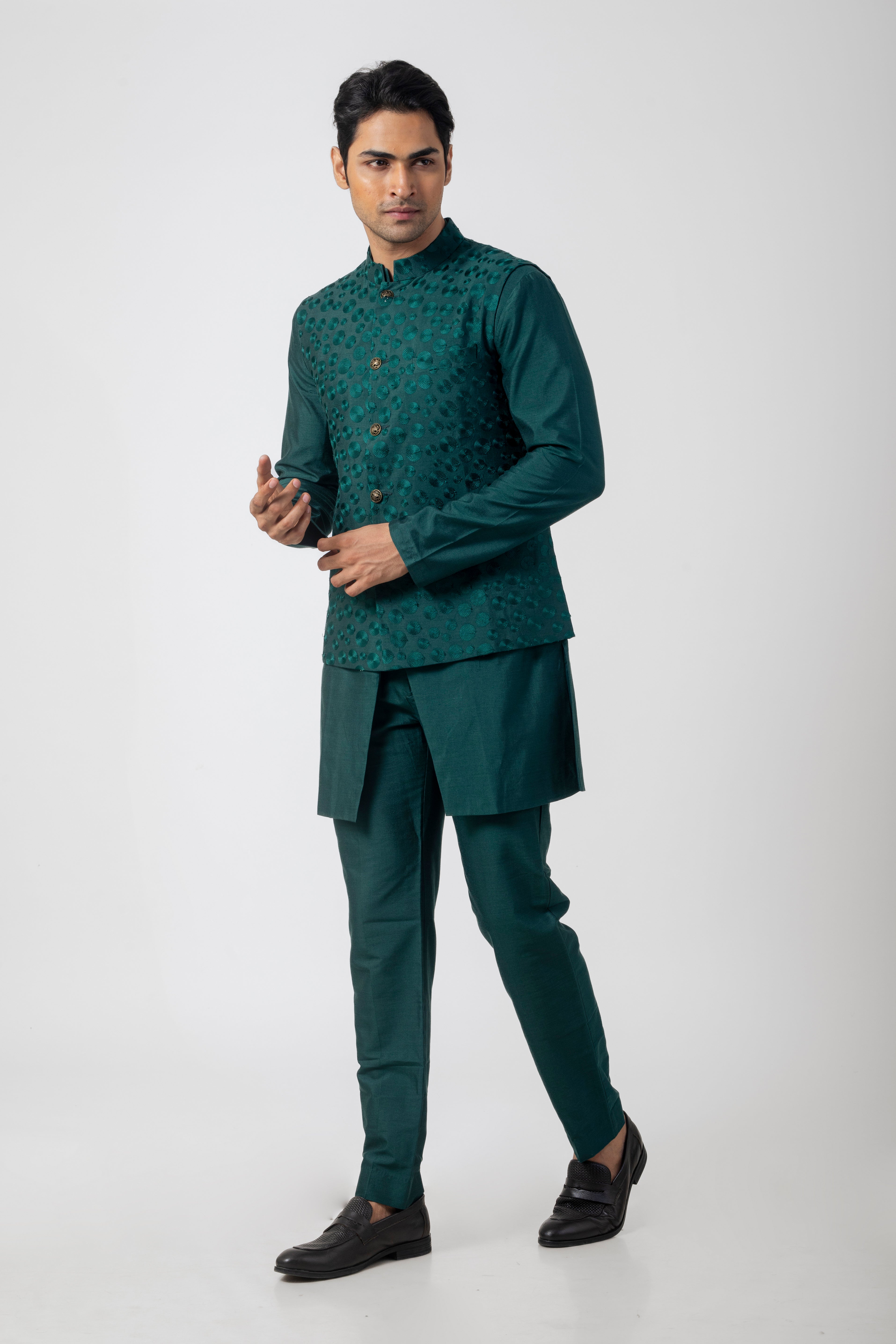 Bottle Green Katan Silk Kurta Set with Nehru Jacket