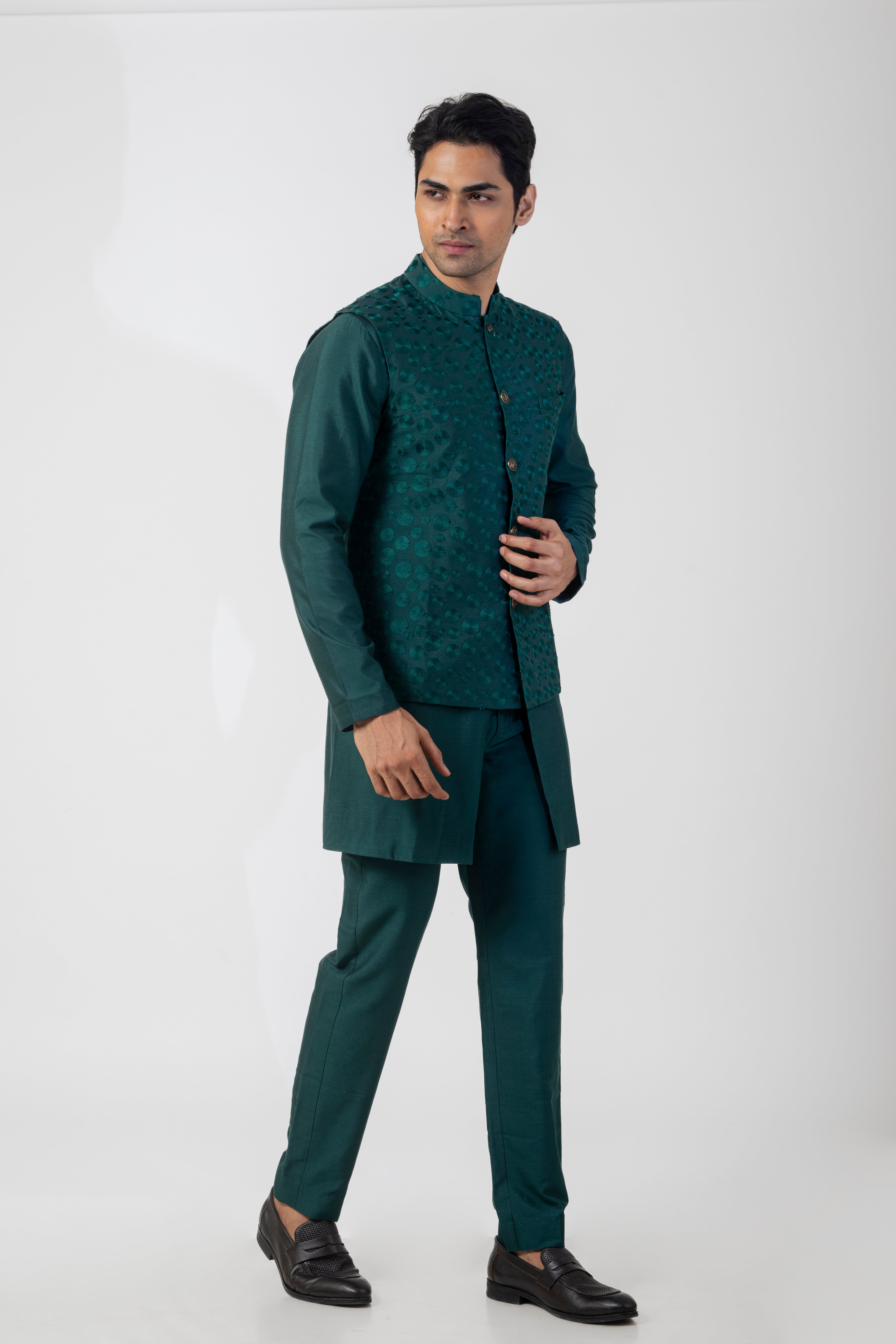 Bottle Green Katan Silk Kurta Set with Nehru Jacket