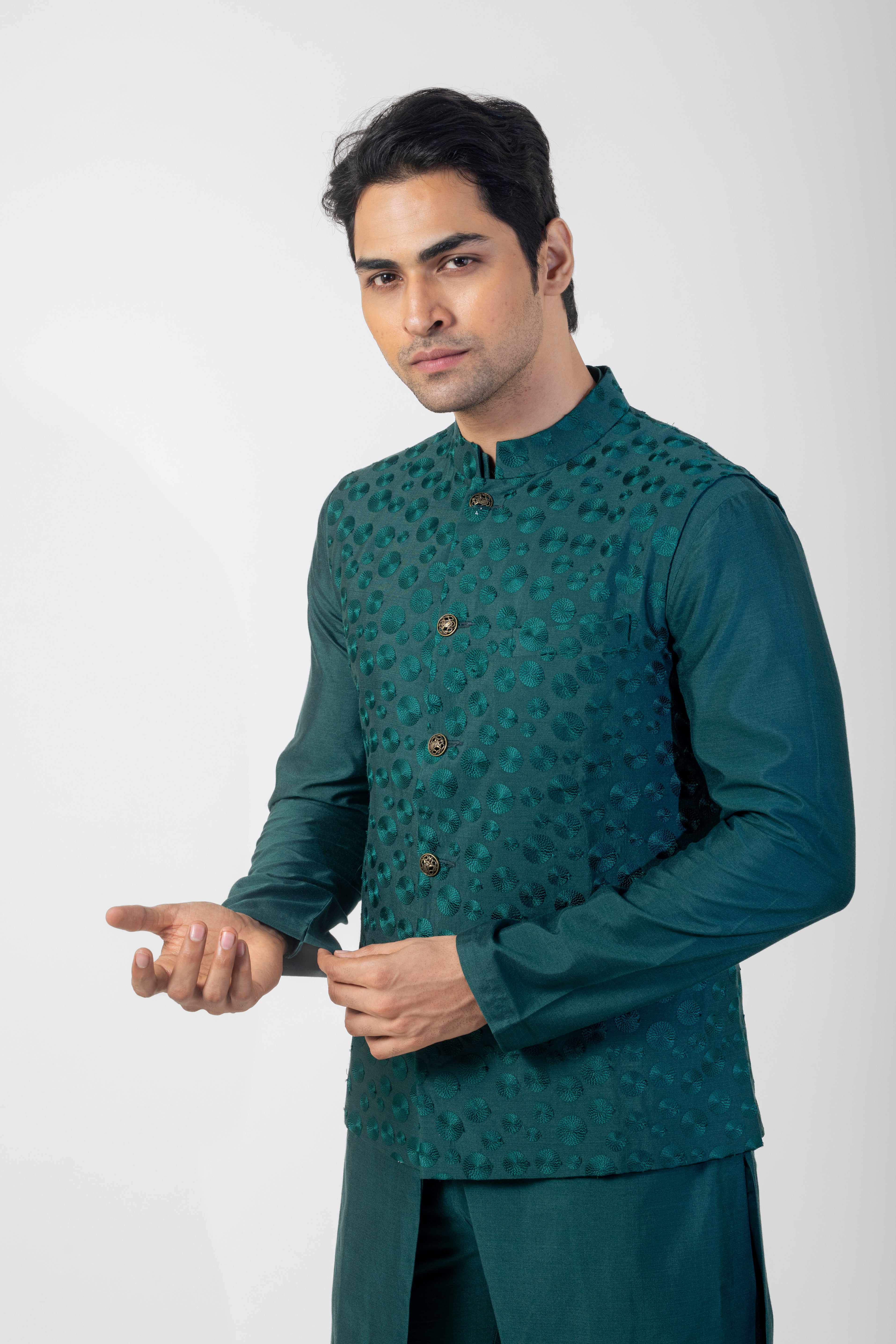 Bottle Green Katan Silk Kurta Set with Nehru Jacket