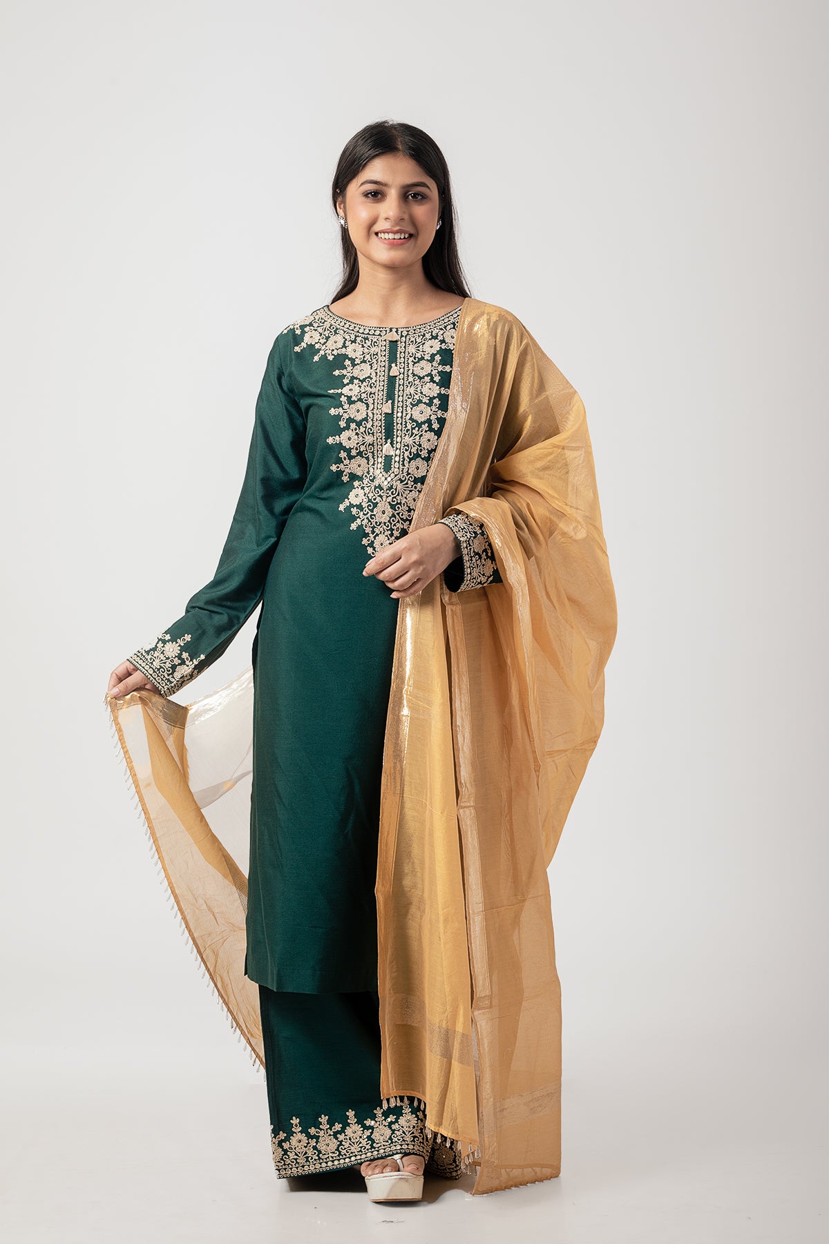 Bottle Green Katan Silk Palazzo Suit Set with Dori Work