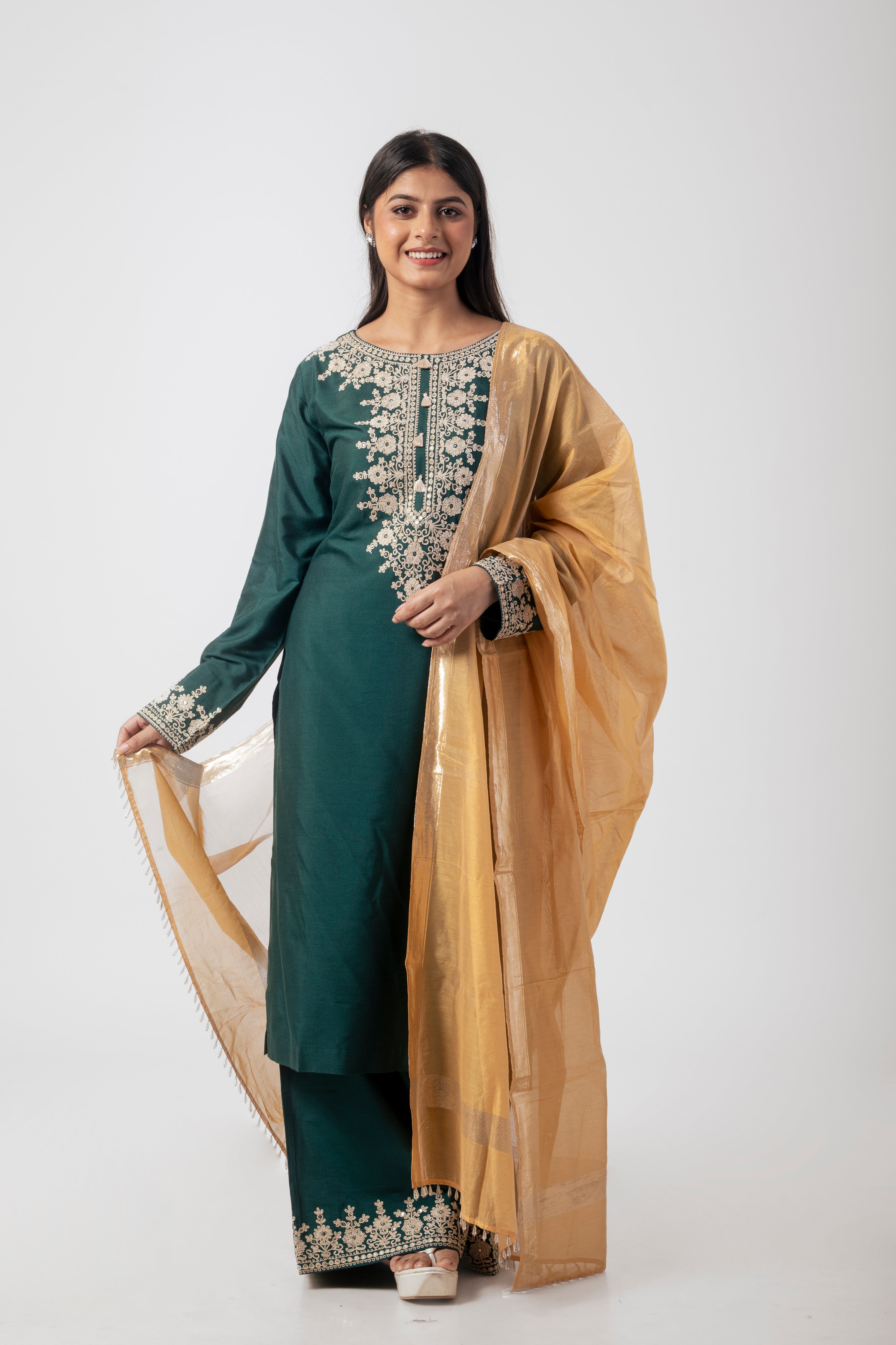 Bottle Green Katan Silk Palazzo Suit Set with Dori Work