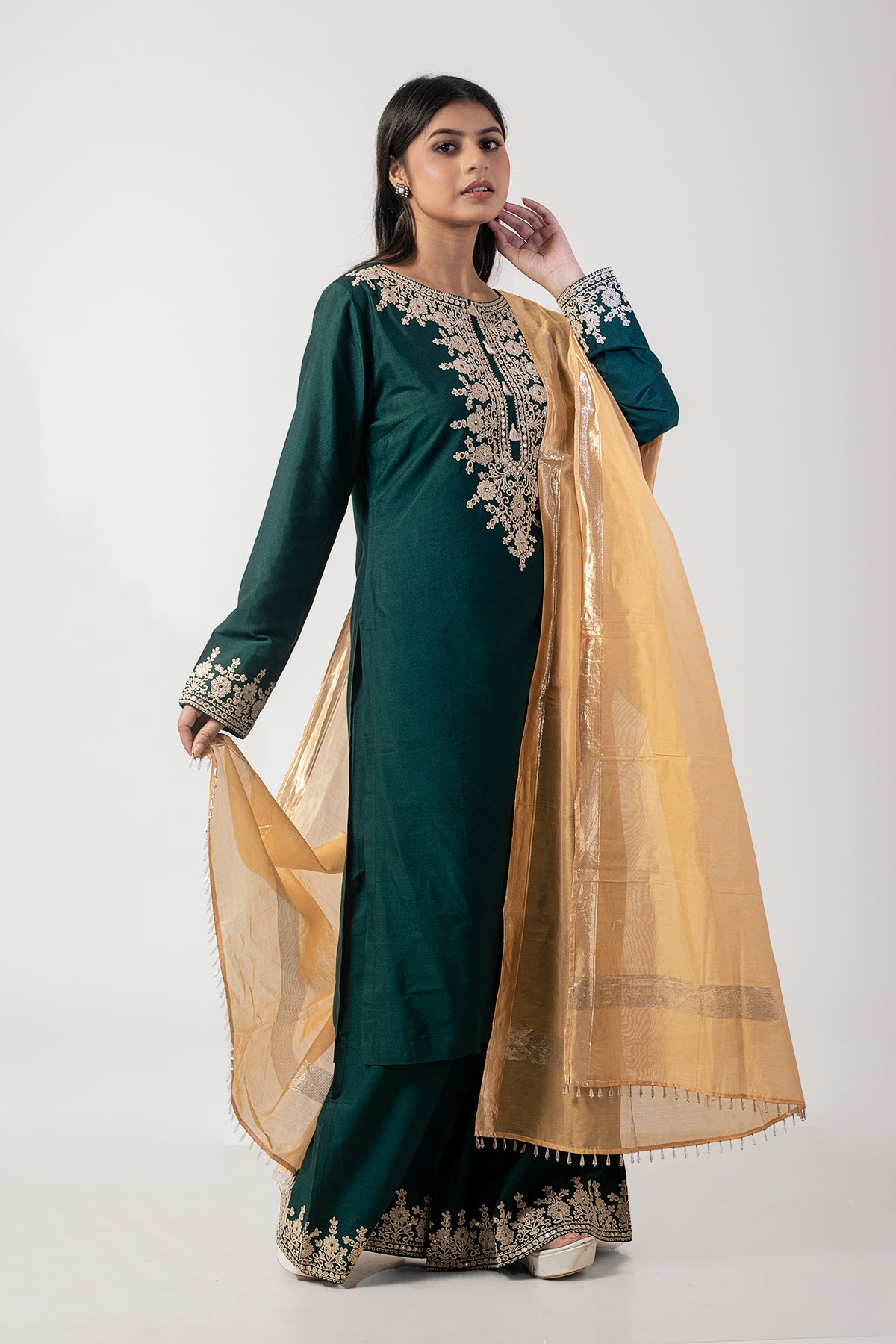 Bottle Green Katan Silk Palazzo Suit Set with Dori Work