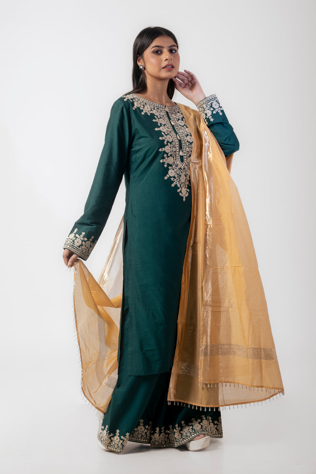 Bottle Green Katan Silk Palazzo Suit Set with Dori Work