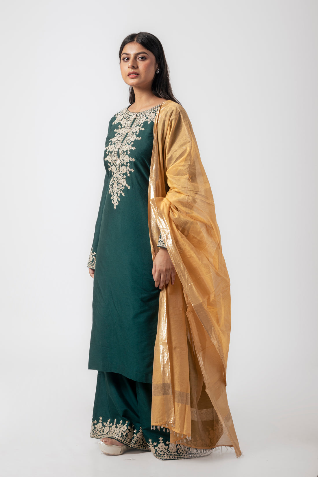 Bottle Green Katan Silk Palazzo Suit Set with Dori Work