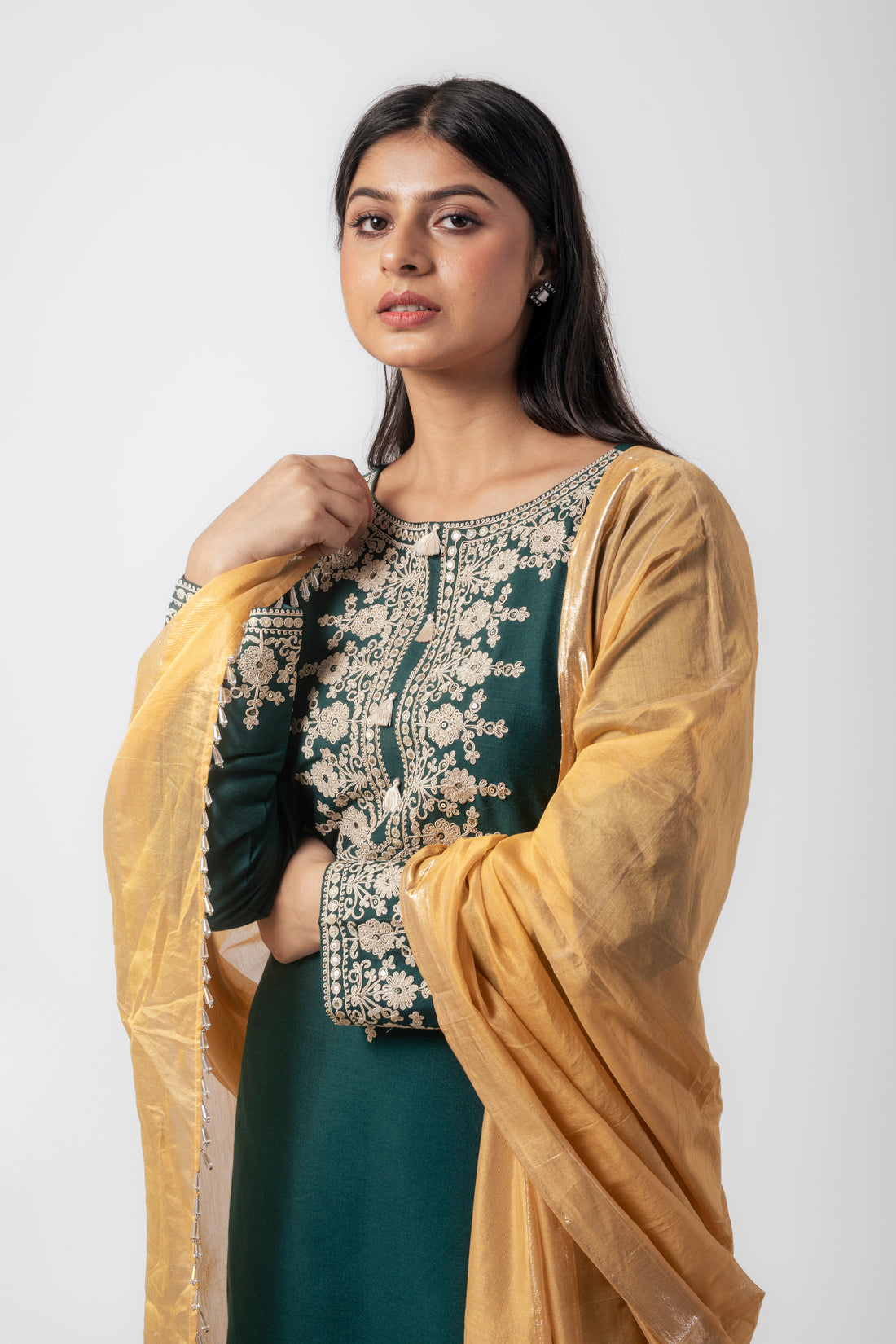 Bottle Green Katan Silk Palazzo Suit Set with Dori Work