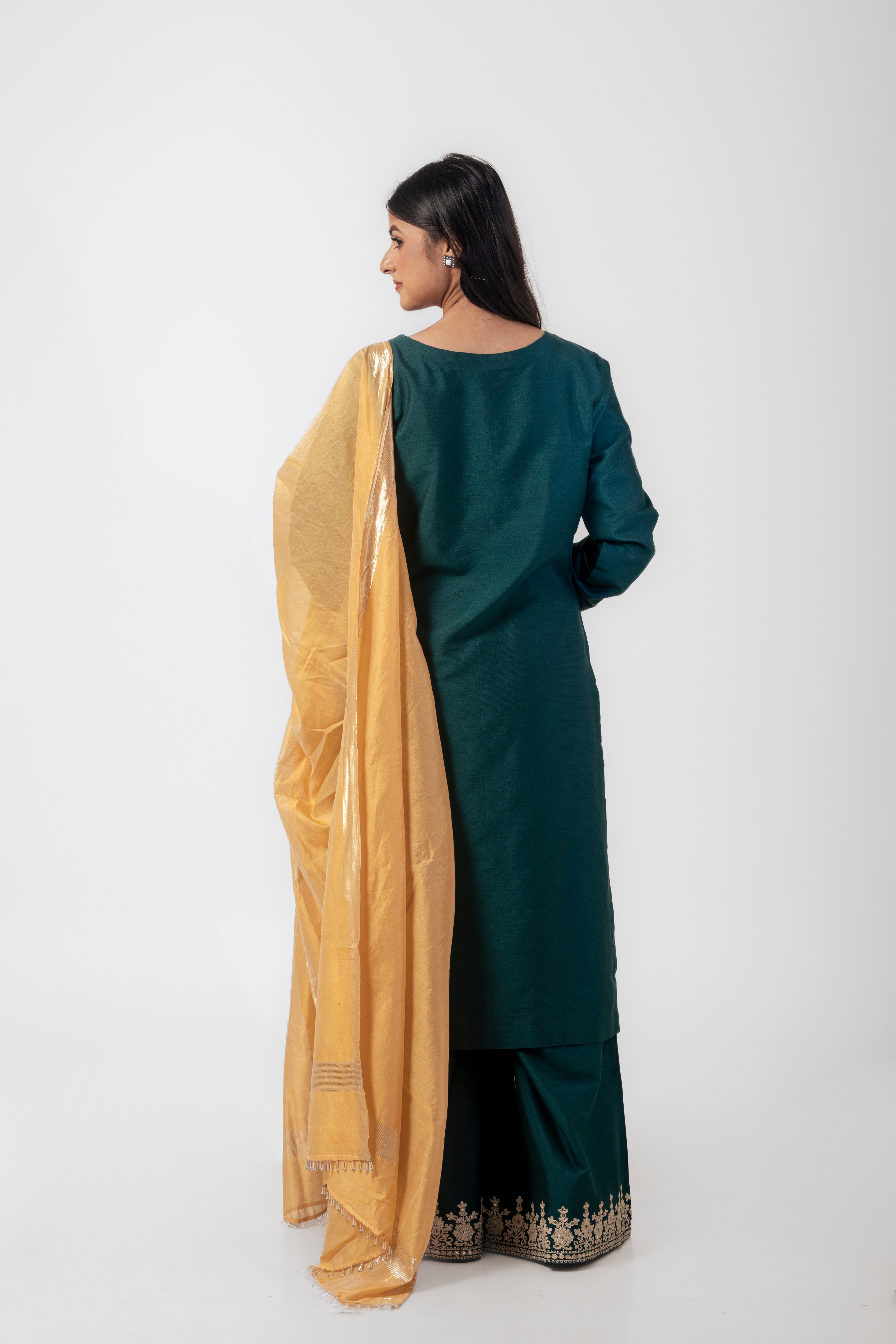 Bottle Green Katan Silk Palazzo Suit Set with Dori Work