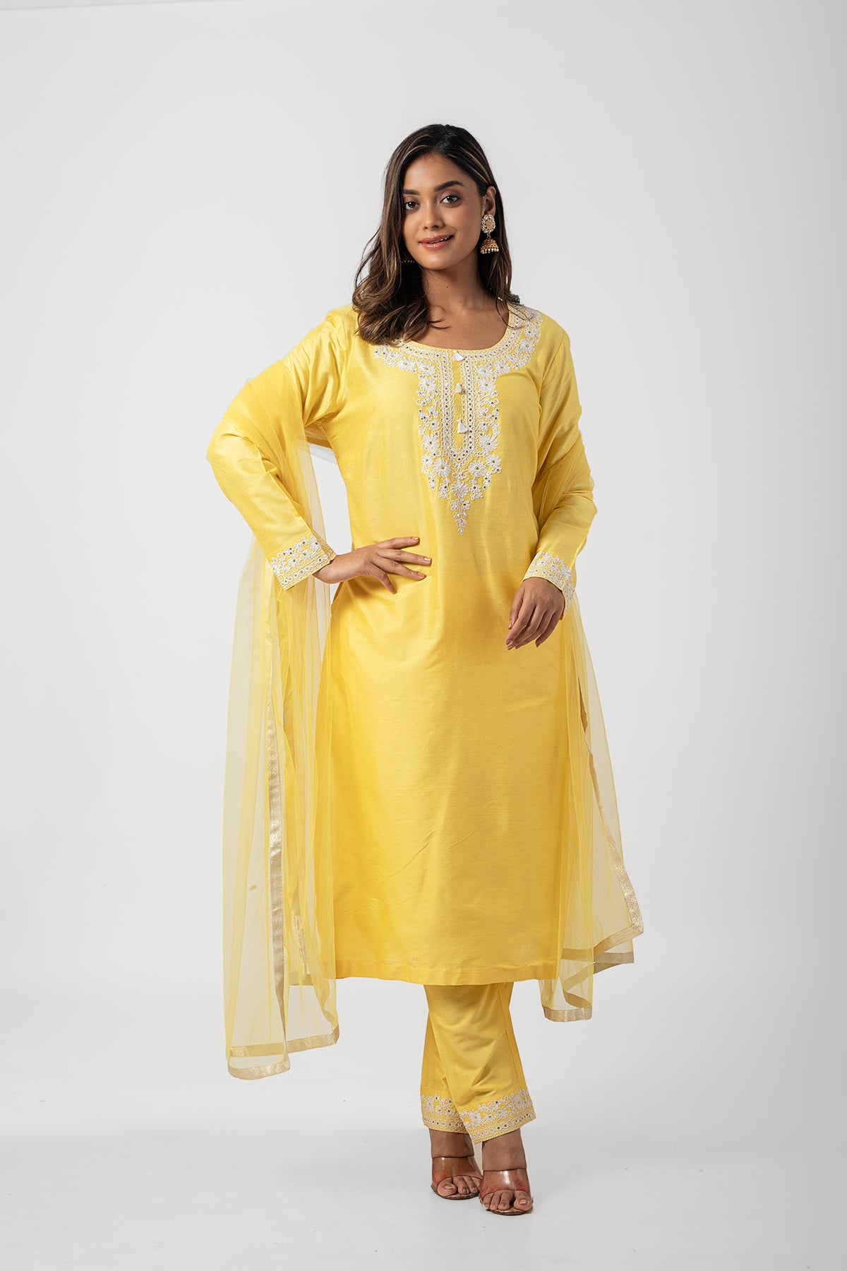 Yellow Katan Silk Designer Suit for Haldi Function with Dori Work and Net Dupatta