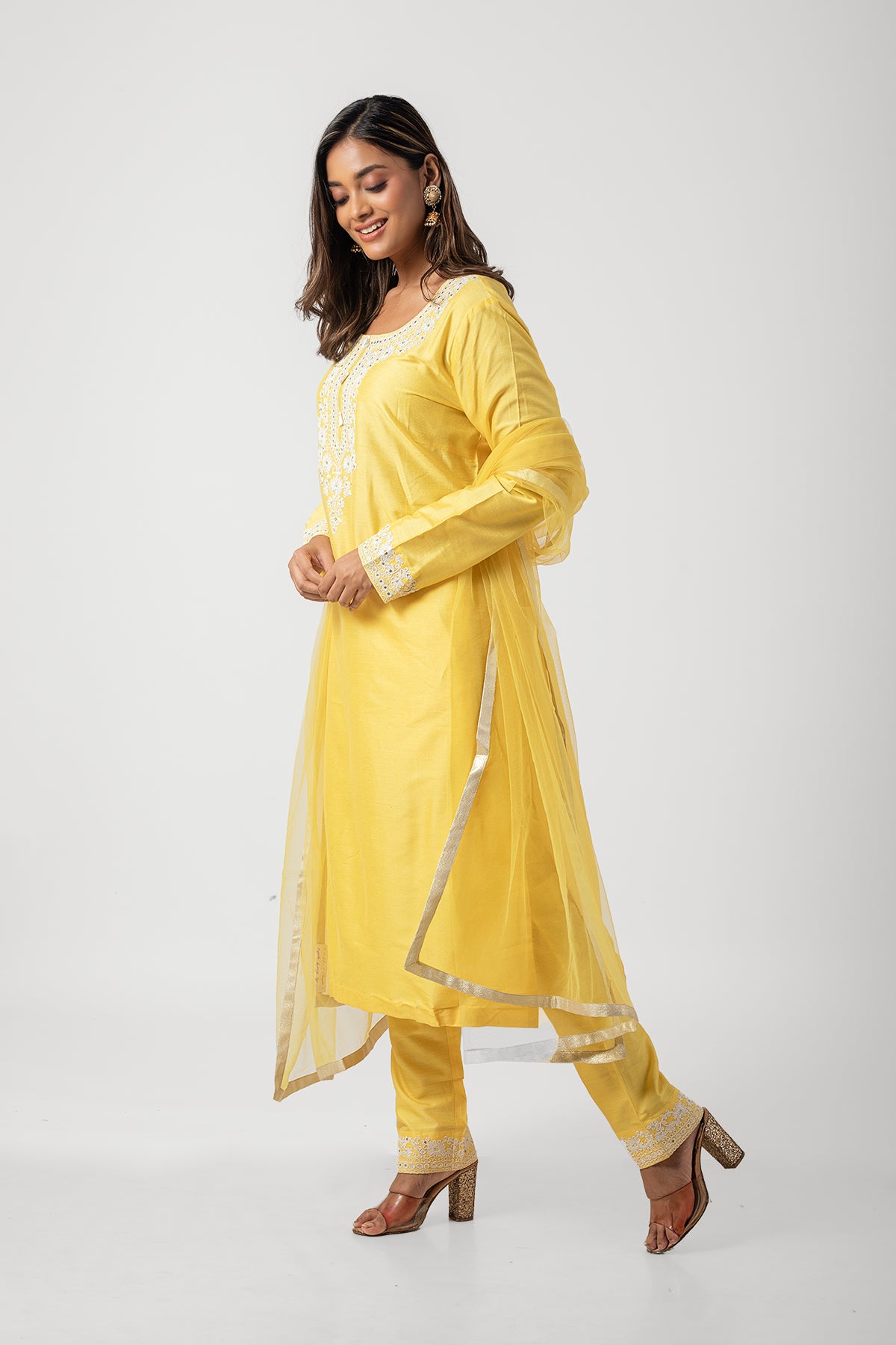 Yellow Katan Silk Designer Suit for Haldi Function with Dori Work and Net Dupatta