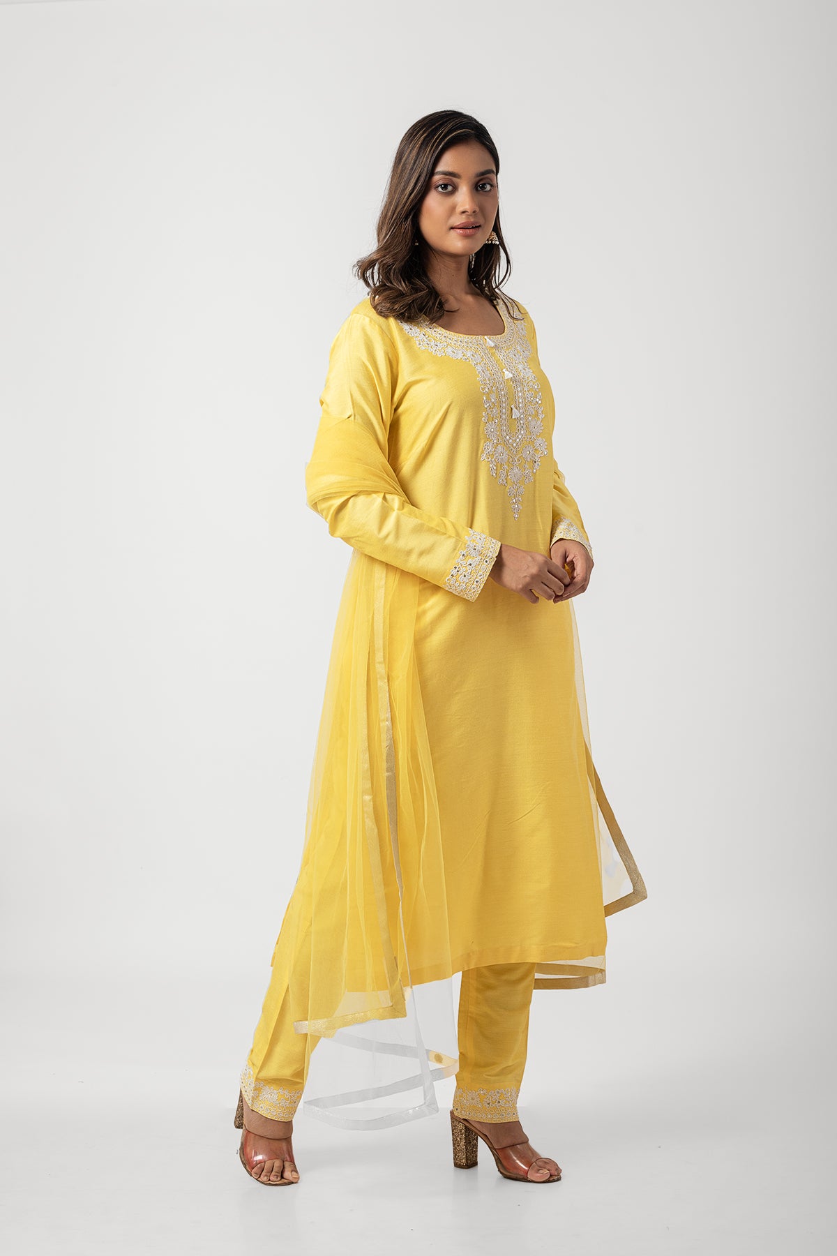 Yellow Katan Silk Designer Suit for Haldi Function with Dori Work and Net Dupatta