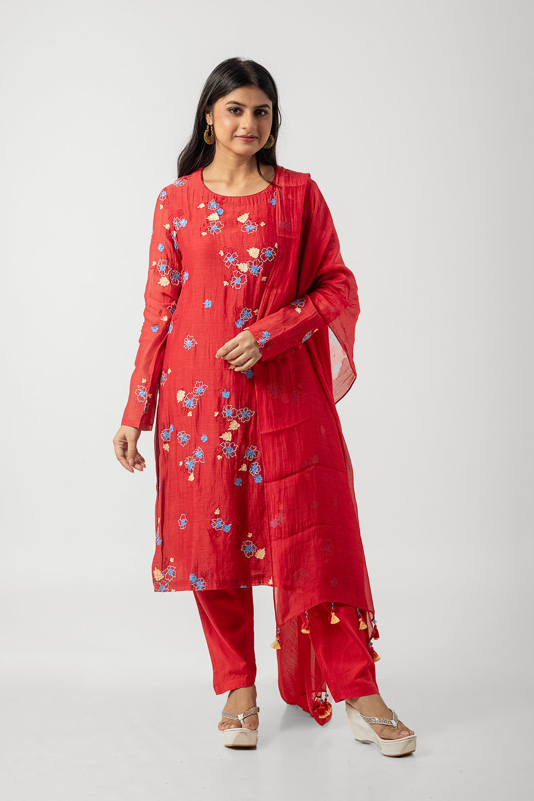 Red Chanderi Suit Set with Floral Embroidery