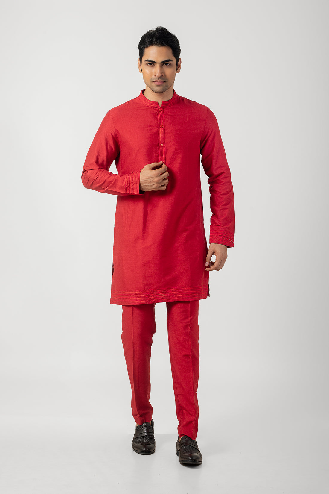 Anchoring Red Kurta Pajama in Katan Silk