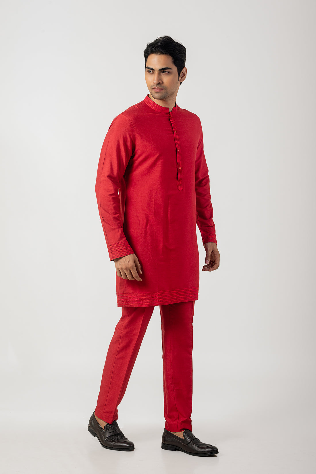 Anchoring Red Kurta Pajama in Katan Silk