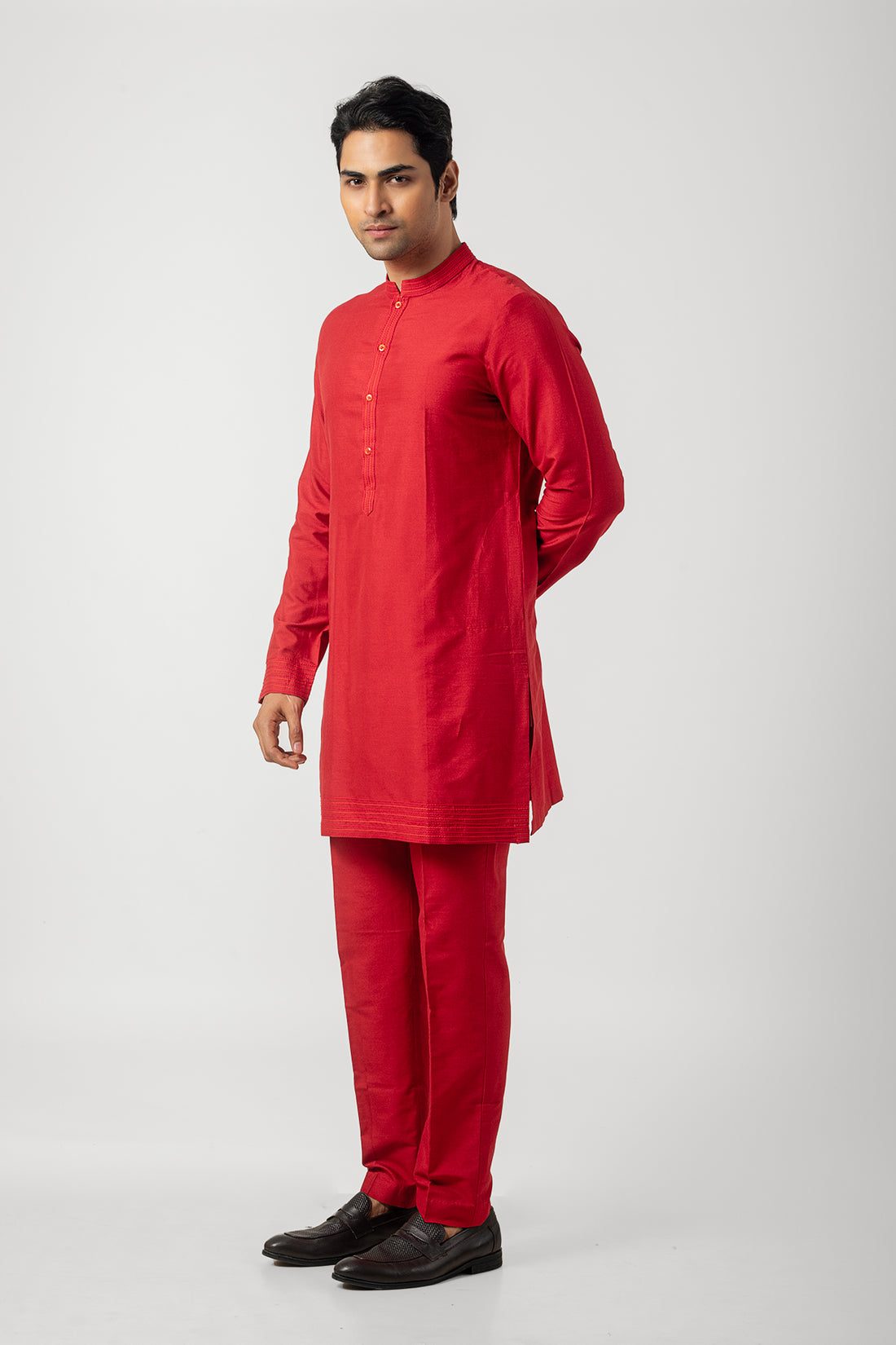 Anchoring Red Kurta Pajama in Katan Silk