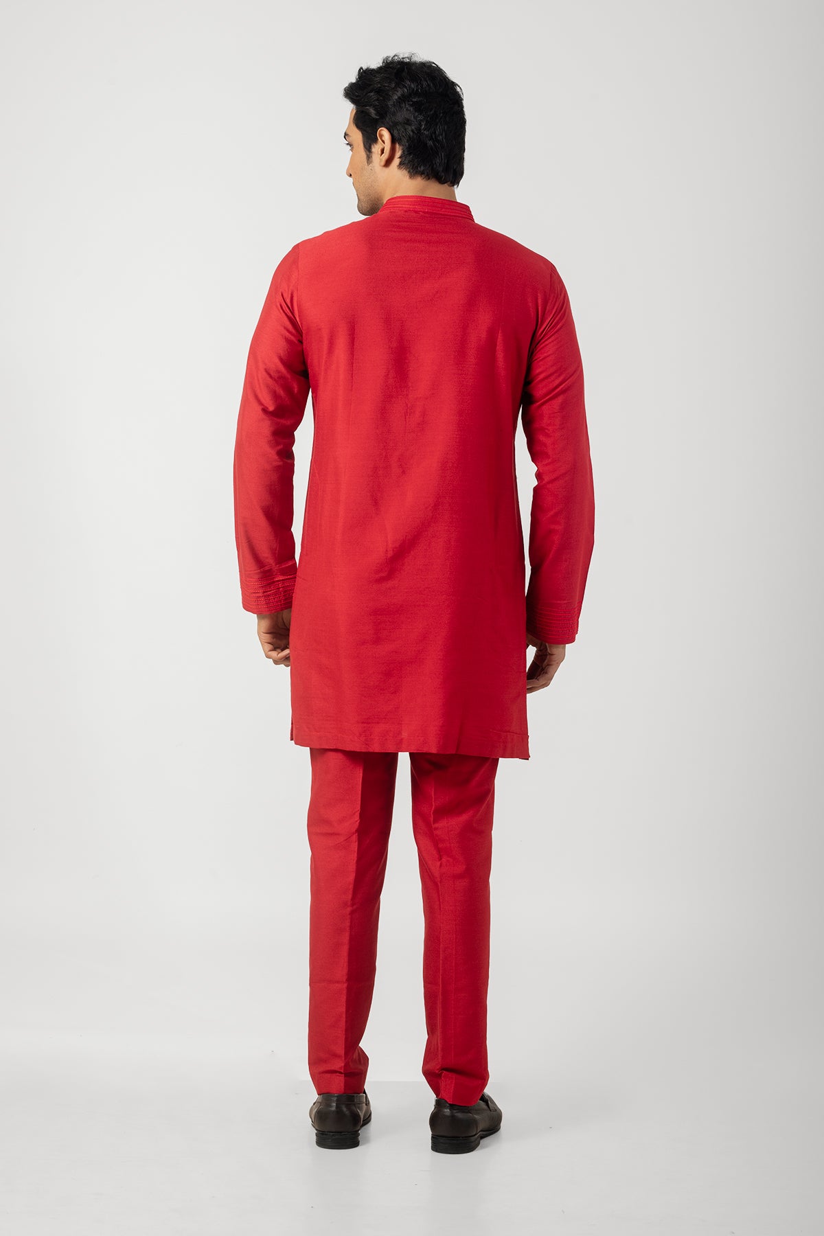 Anchoring Red Kurta Pajama in Katan Silk