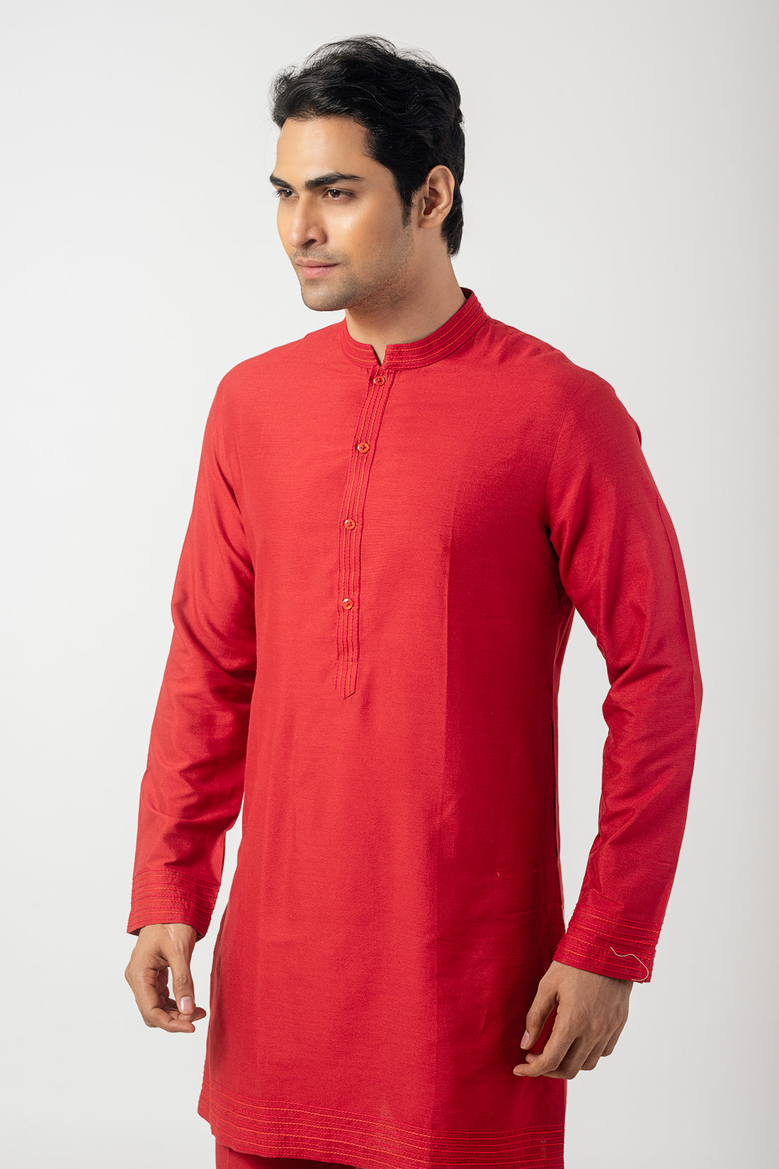 Anchoring Red Kurta Pajama in Katan Silk