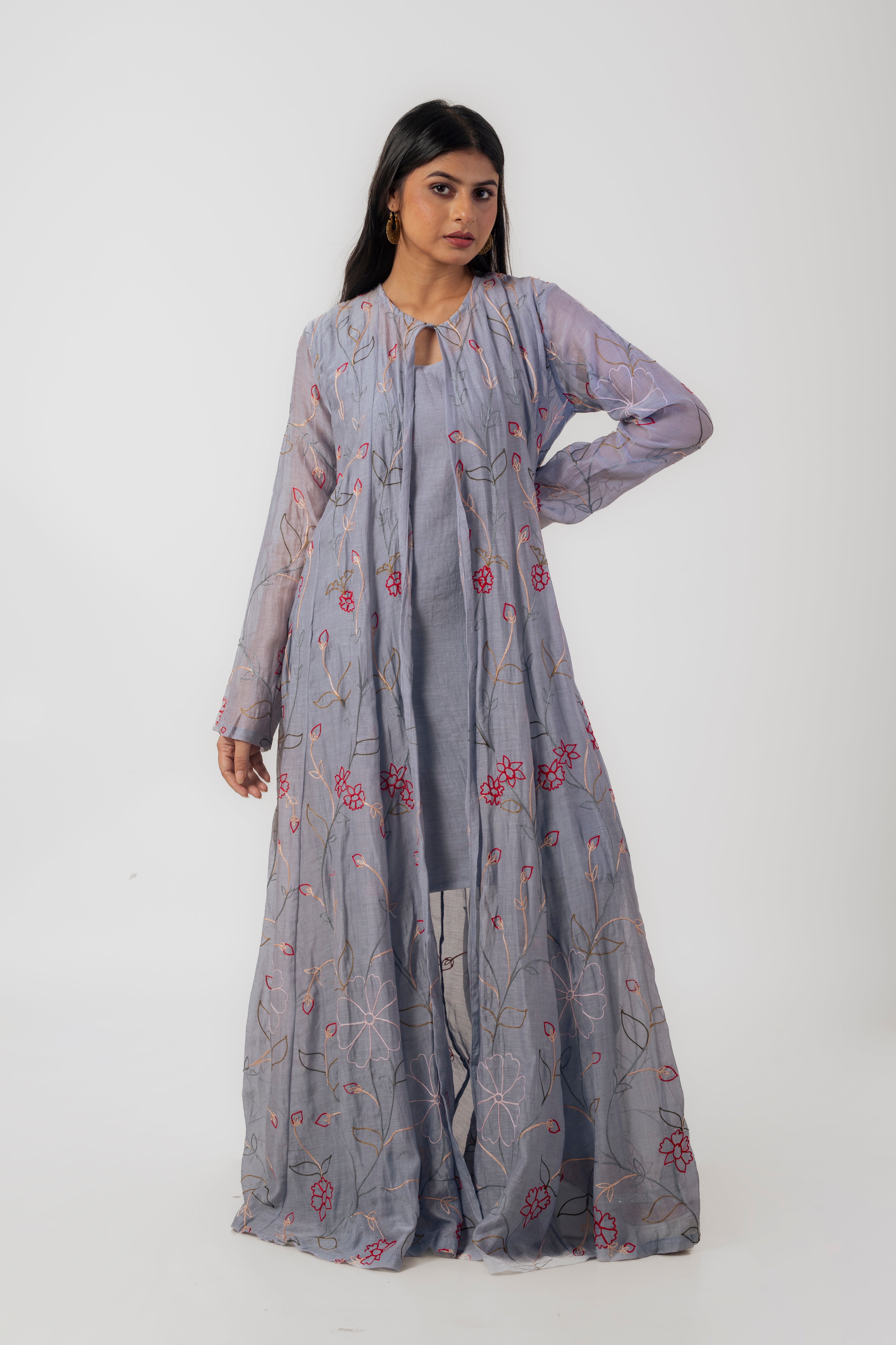 Grey Chanderi Ari Work Kurti Set with Long Embroidered Jacket and Pants