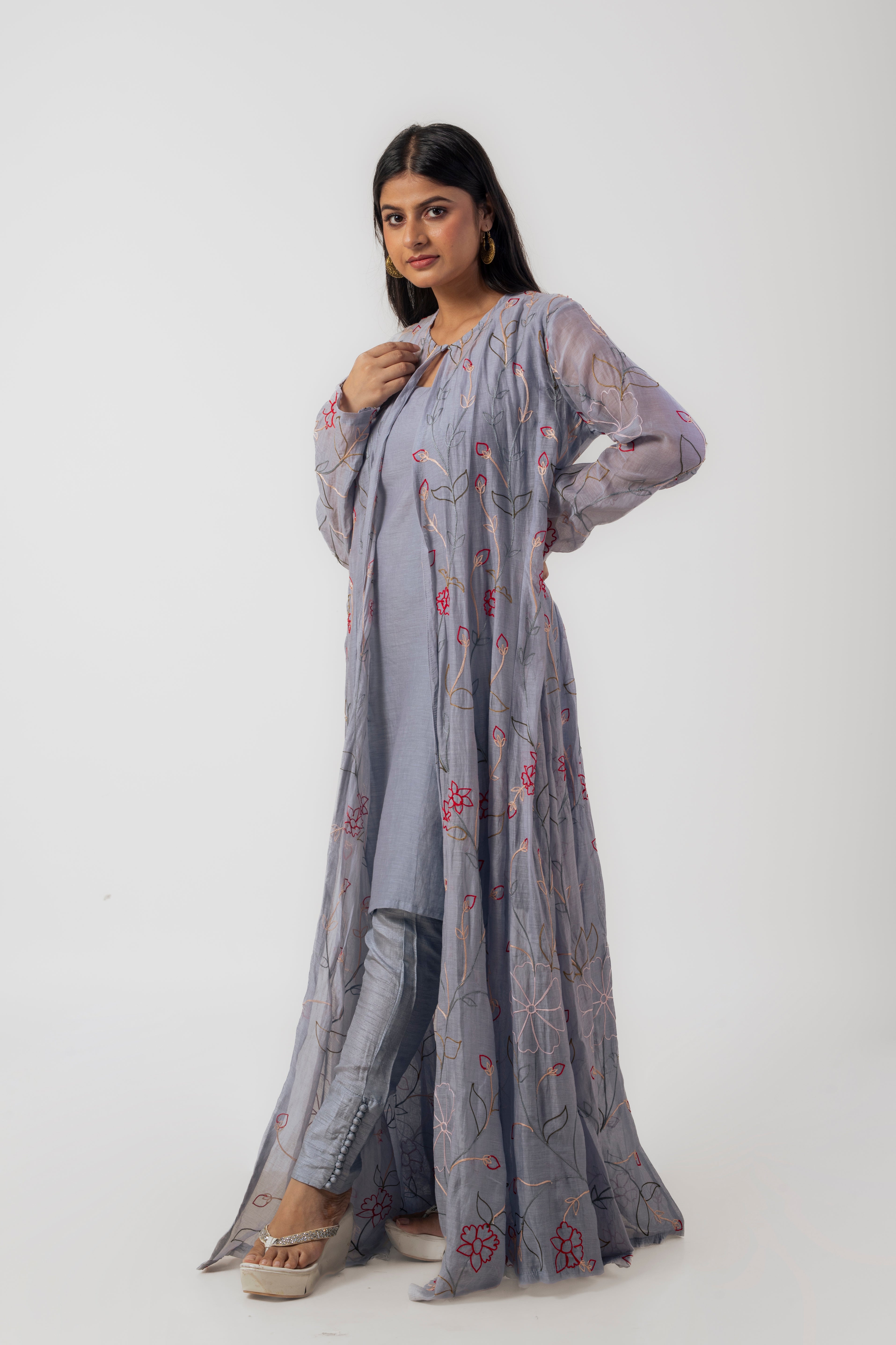 Grey Chanderi Ari Work Kurti Set with Long Embroidered Jacket and Pants